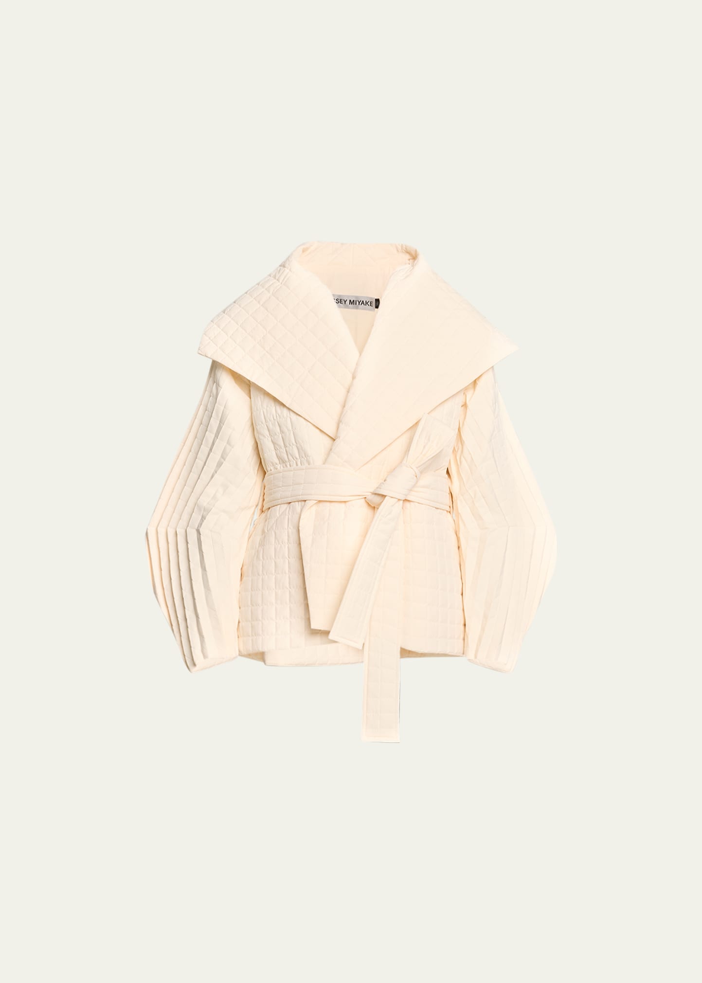 Issey Miyake Pleated Grid Belted Coat In Off-white