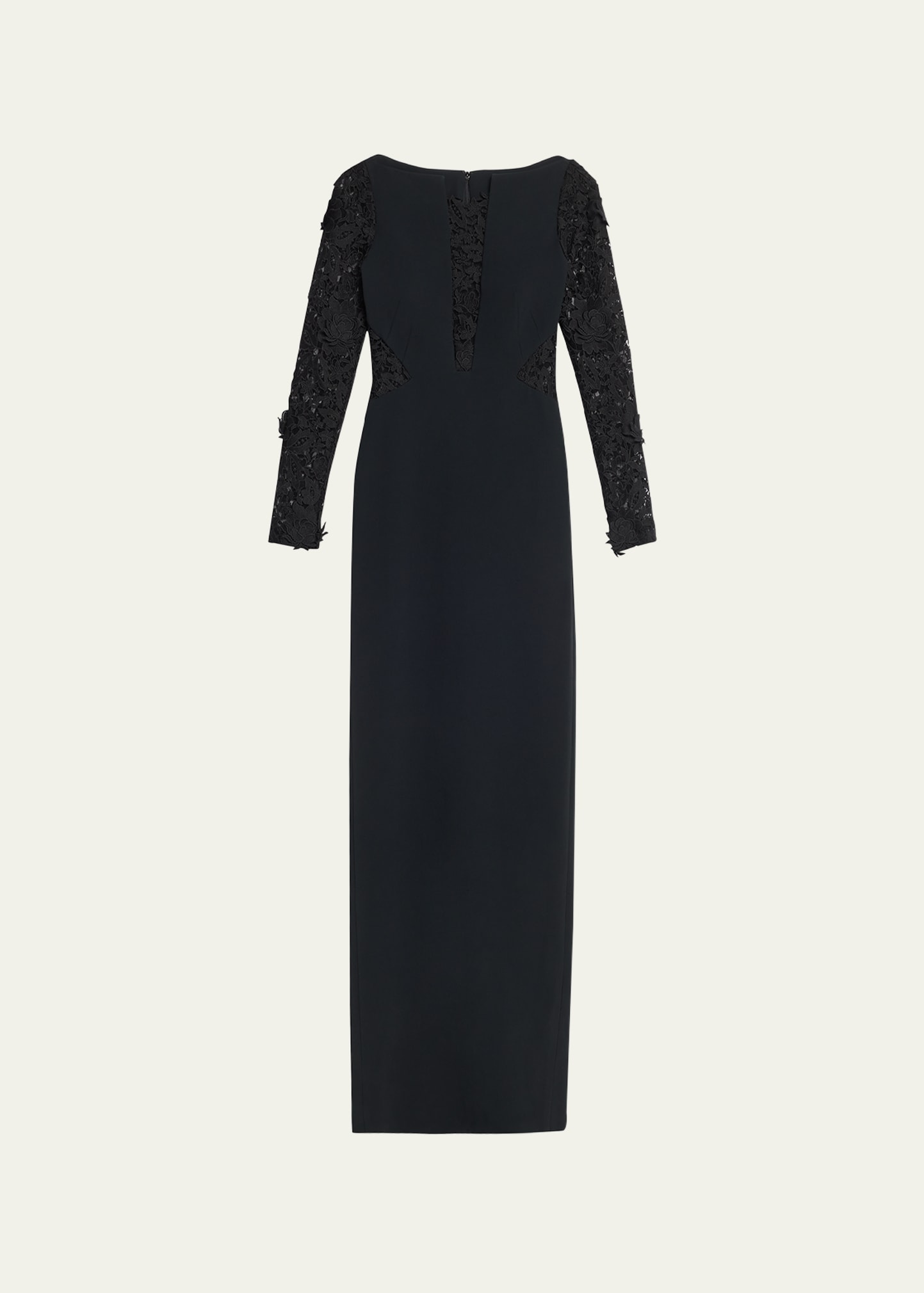Black Crepe Gown with Lace Panels and Sleeves