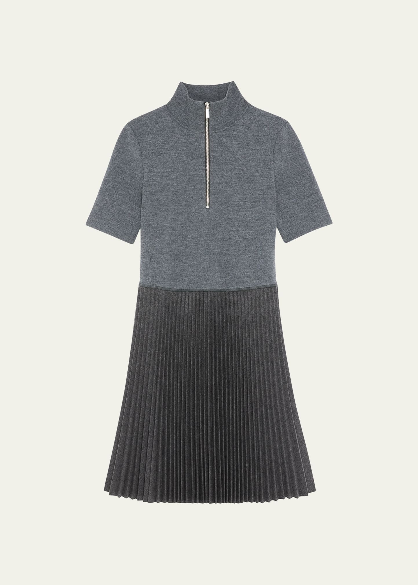Theory Short-sleeve Pleated Knit Combo Mini Dress In Charcoal Melange