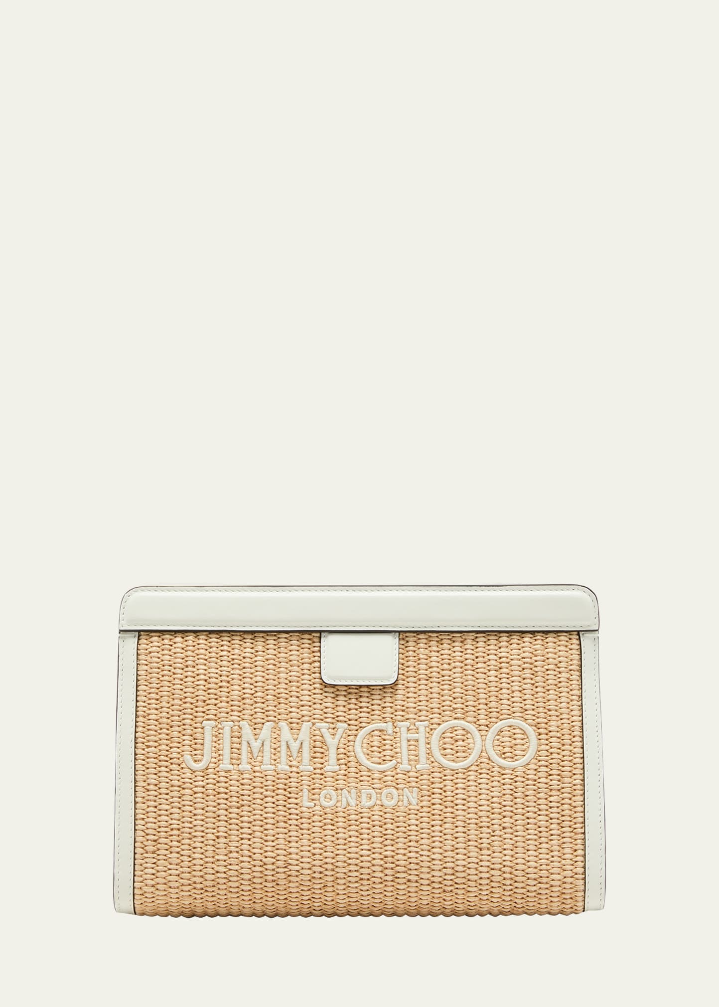 Jimmy Choo Leather-trimmed Embroidered Raffia Clutch In Beige