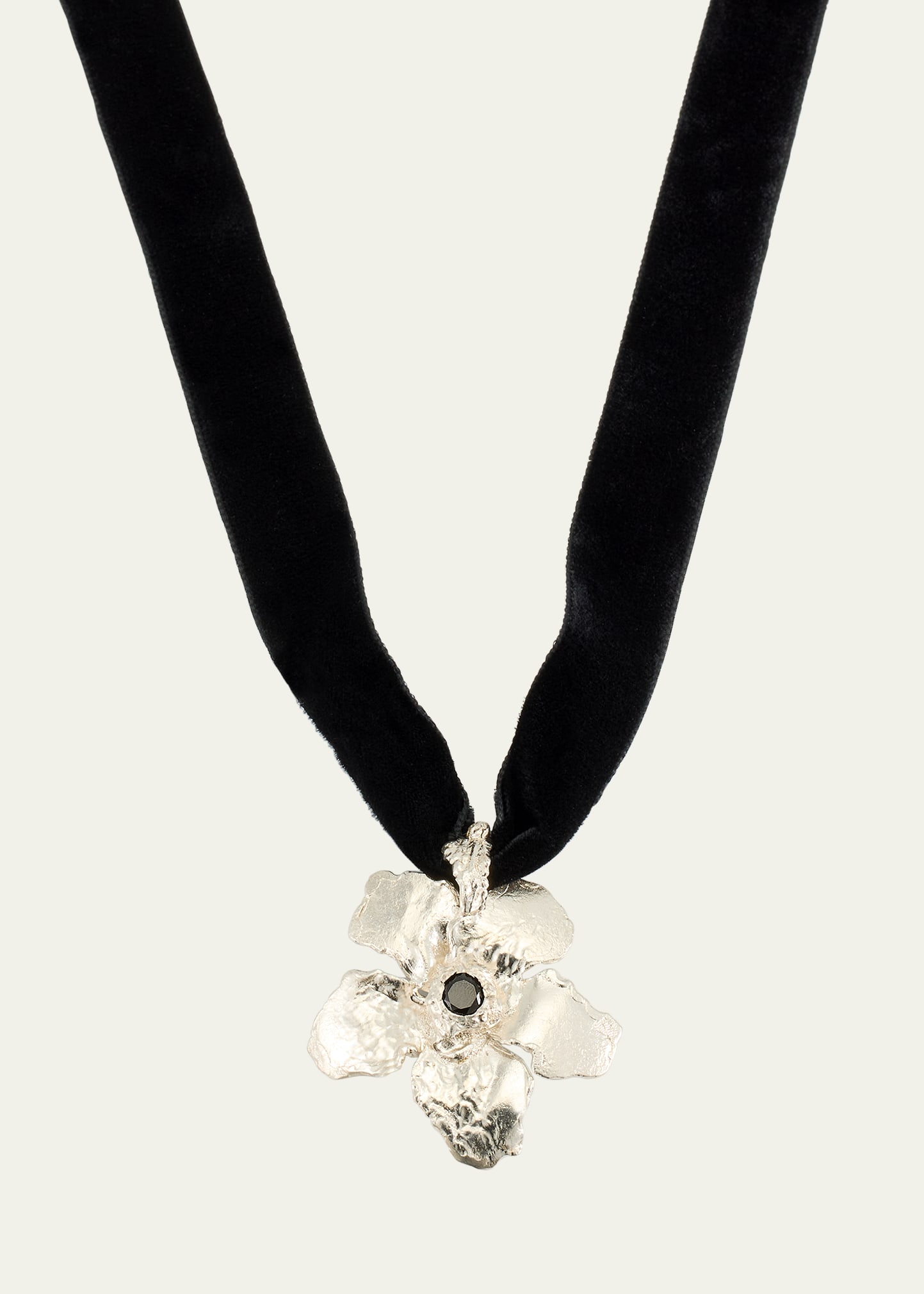Elhanati Flower Pendant Necklace With Spinel On Velvet Band In Sterling Silver