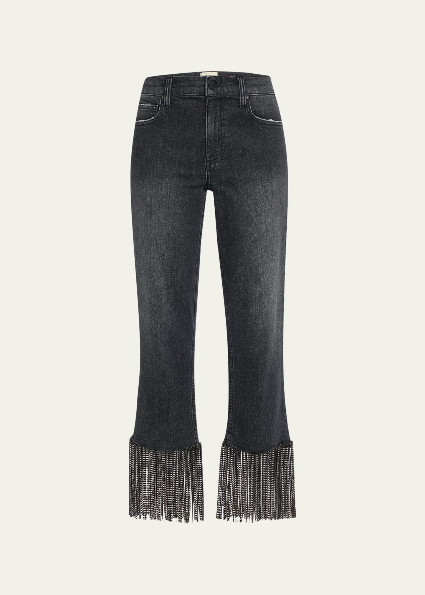 Alice And Olivia Crystal-embellished Fringed Cropped Jeans In Maya Charcoal Bla