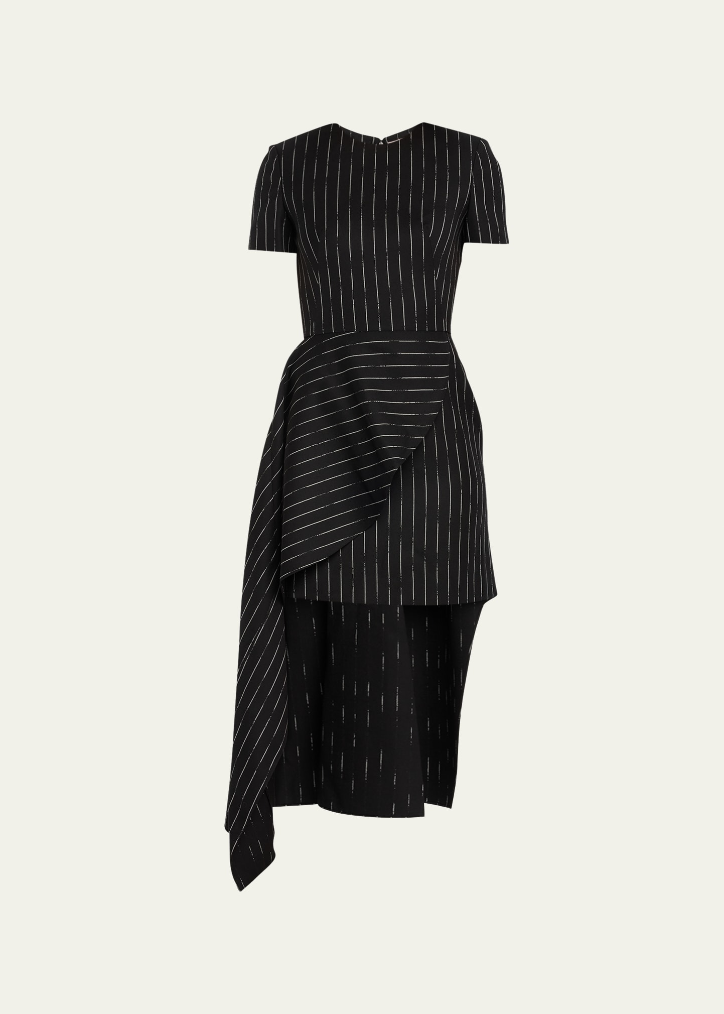 Shop Alexander Mcqueen Pinstripe Mini Dress With Long Asymmetric Hem In Naturl Blk