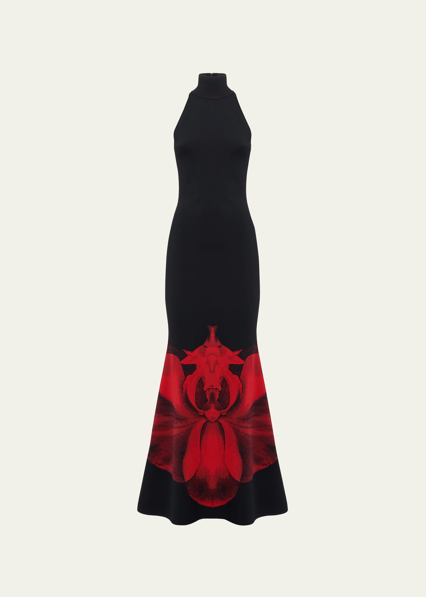 Shop Alexander Mcqueen Orchid Print Jacquard Halter Trumpet Dress In Black Red