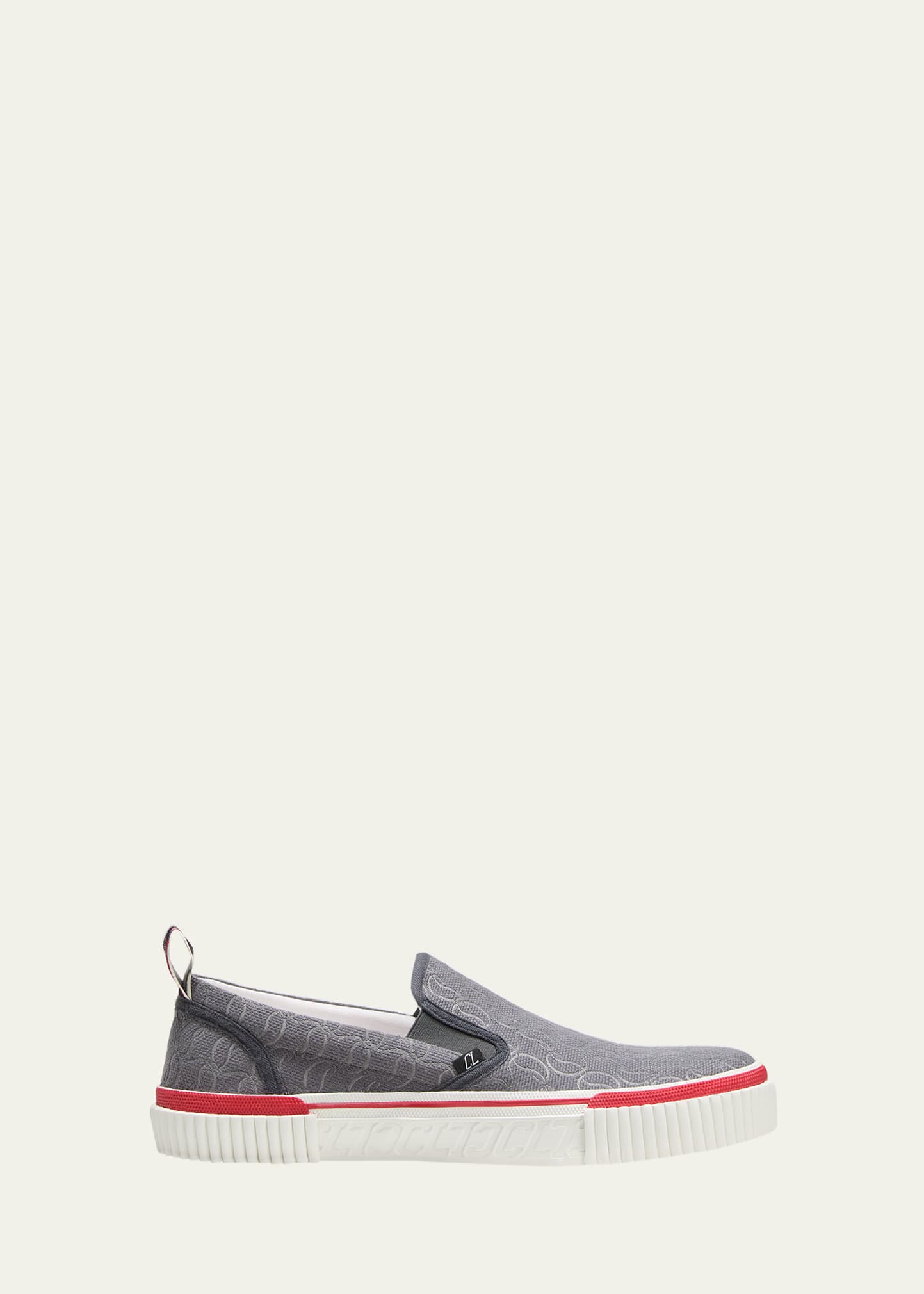 Shop Christian Louboutin Men's Pedro Boat Jacquard Monogram Slip-on Sneakers In Smoky
