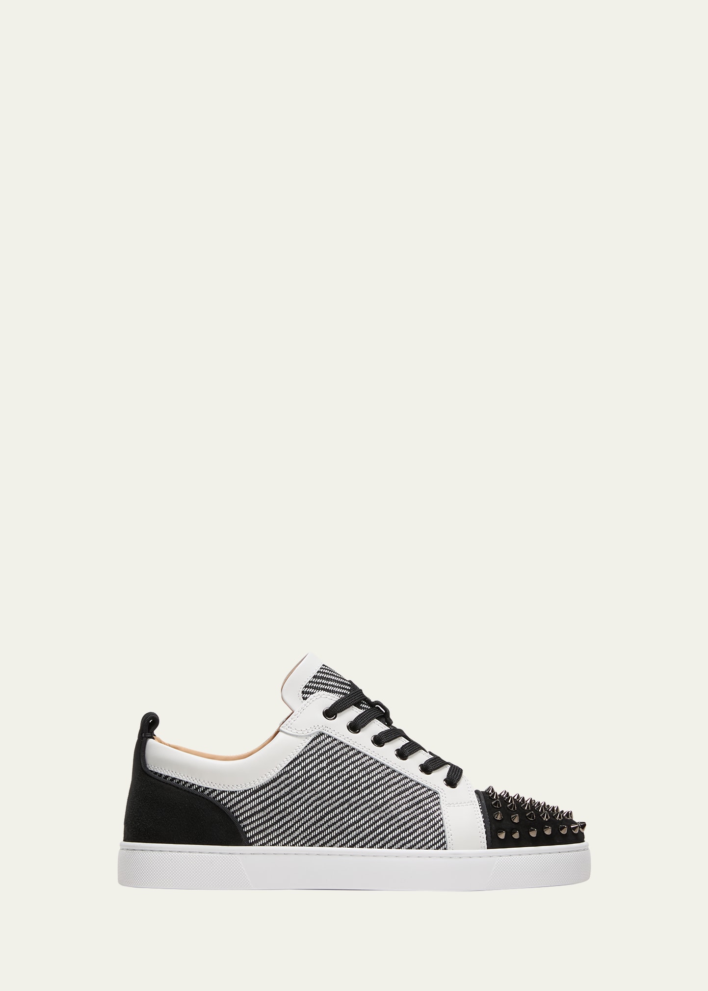 Shop Christian Louboutin Men's Louis Junior Spikes Bicolor Sneakers In Black/white/bk Gu