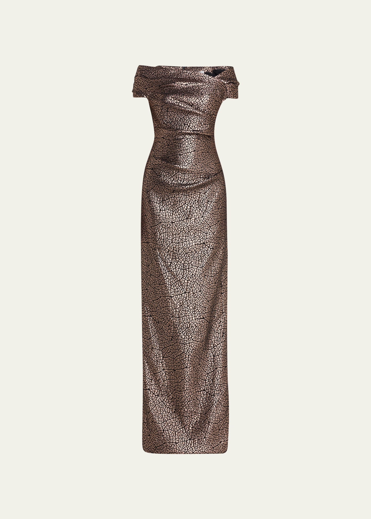 Rickie Freeman For Teri Jon Cap-sleeve Metallic Jacquard Column Gown In Bronze