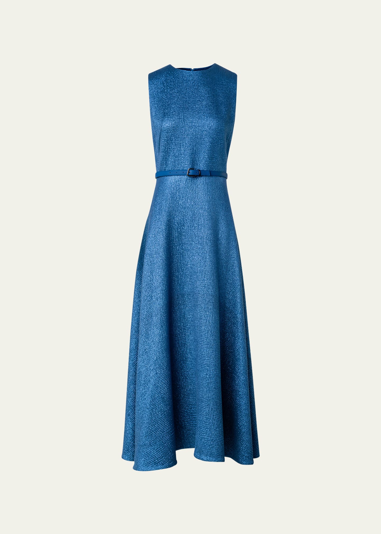 Akris Structured Lurex Wool Midi Dress With Belt In Medium Denim
