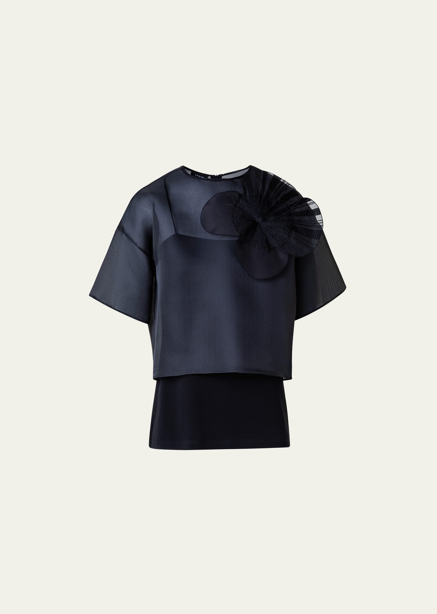 Akris Organza Cropped Blouse With Poppy Patch In Black