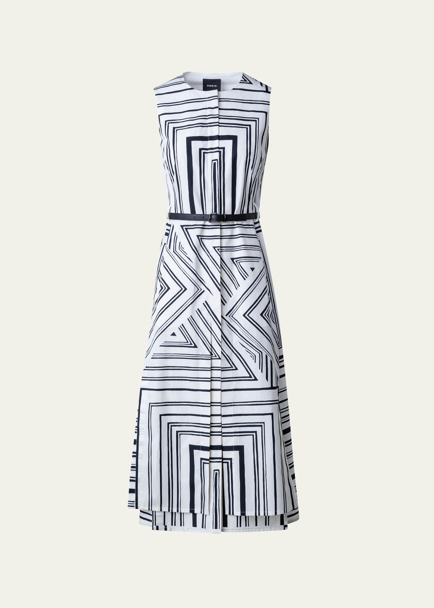 Shop Akris Poplin Lizzi's Lines Printed Midi Dress With Belt In Ecru-black