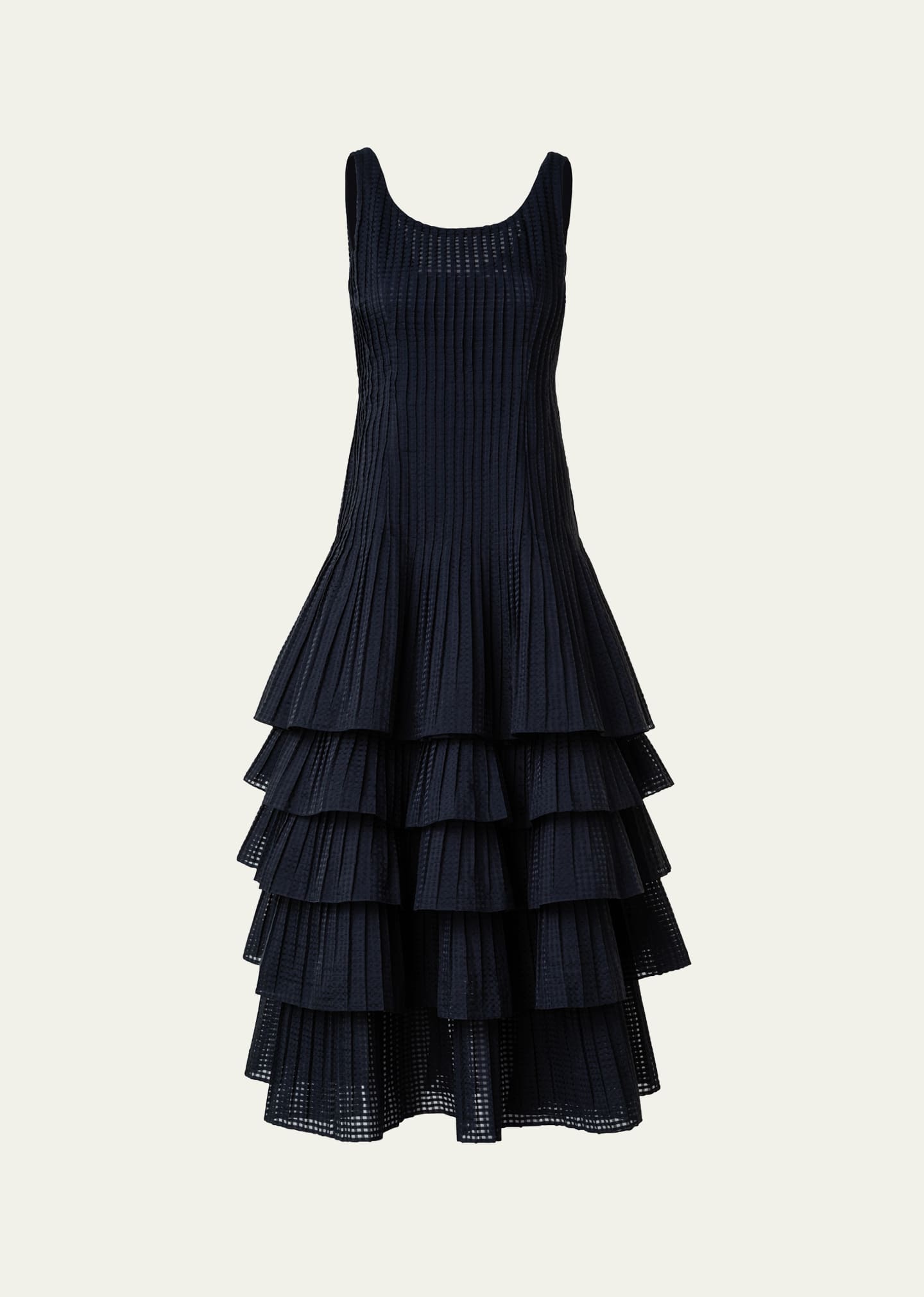 Akris Organza Grid Midi Dress With Plisse Layer Skirt In Black