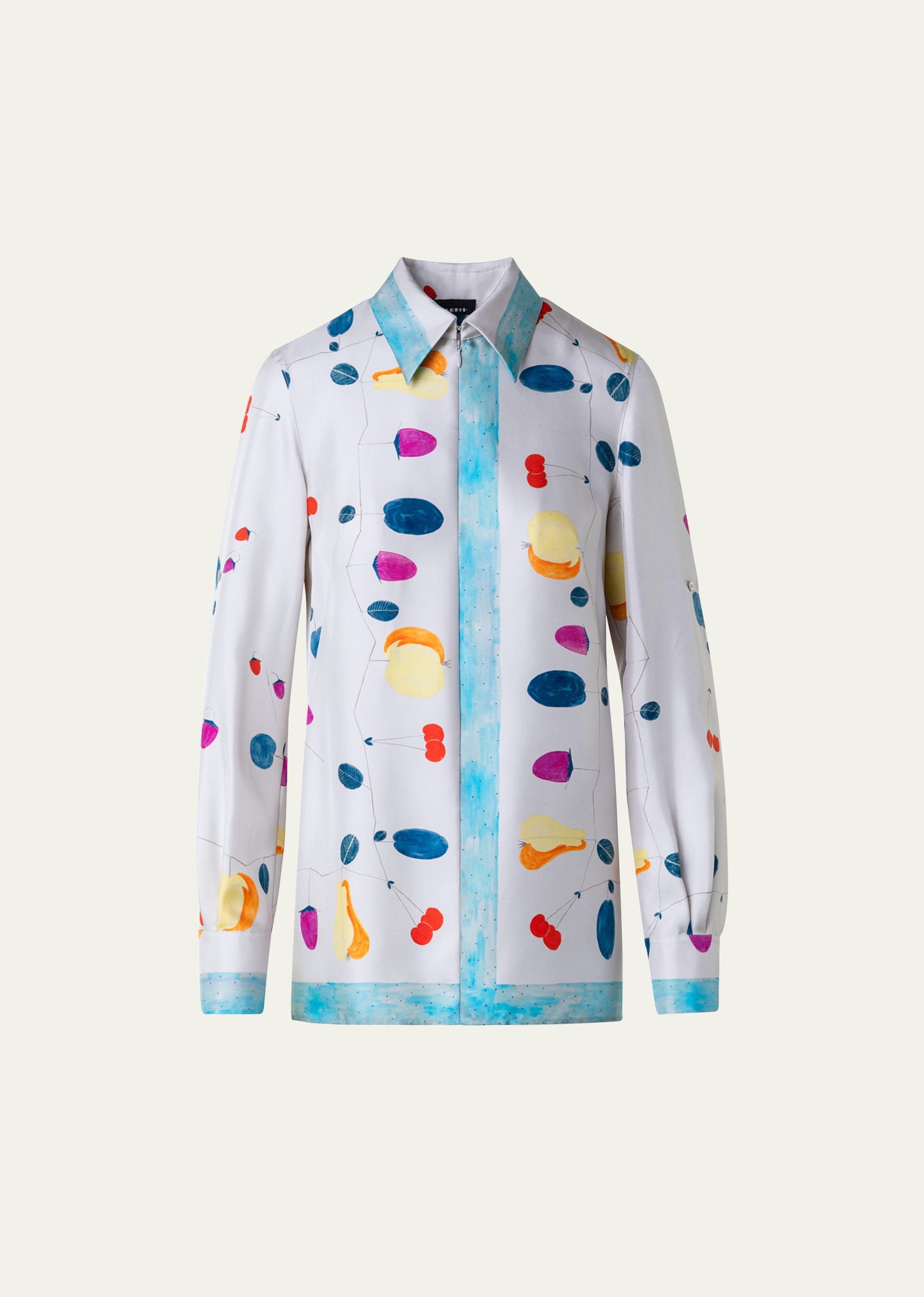 AKRIS FRUIT-PRINT ZIP-FRONT SILK TWILL BLOUSE