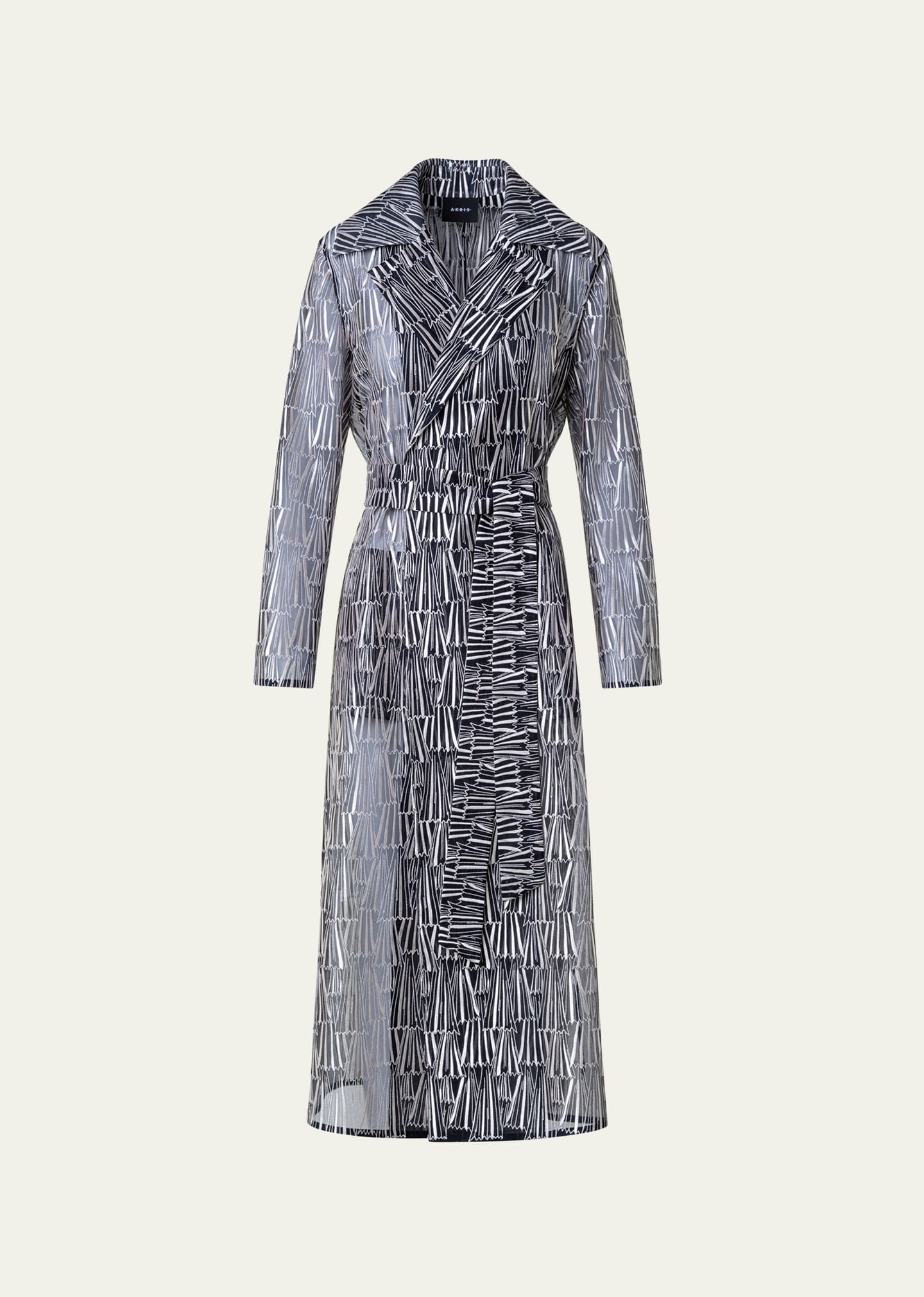 Akris Iman Silk Organza Trench Coat With Asagao Striped Embroidery In Black-ecru
