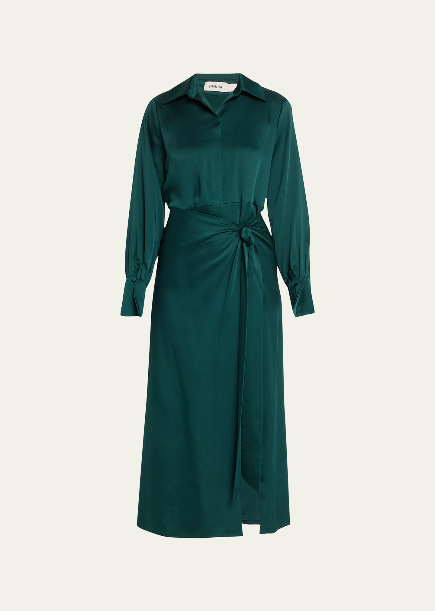 Shop Simkhai Samba Long-sleeve Draped Satin Dress In Emerald
