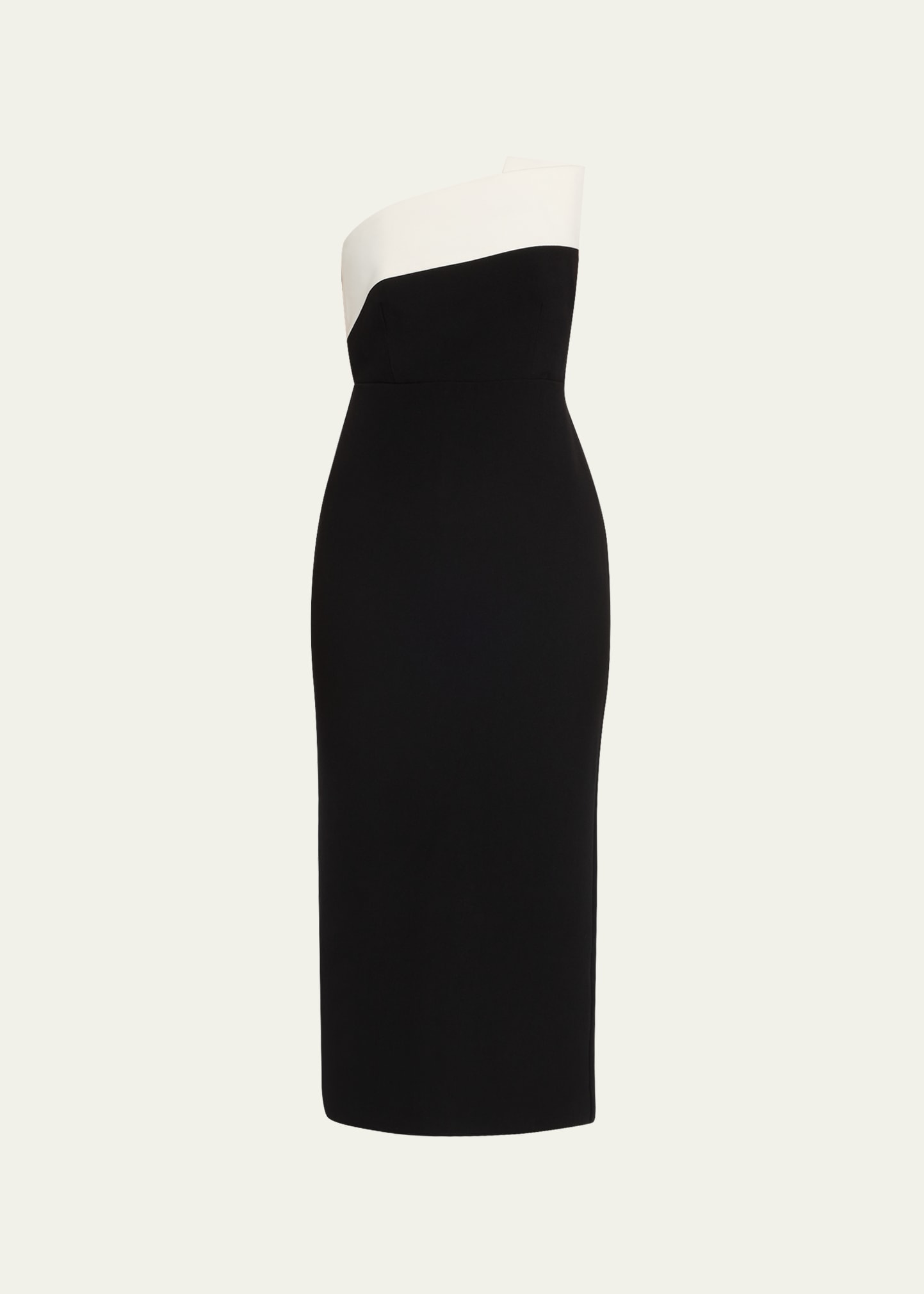 Shop Roland Mouret Strapless Crepe Midi Dress With Monochrome Detail In Black