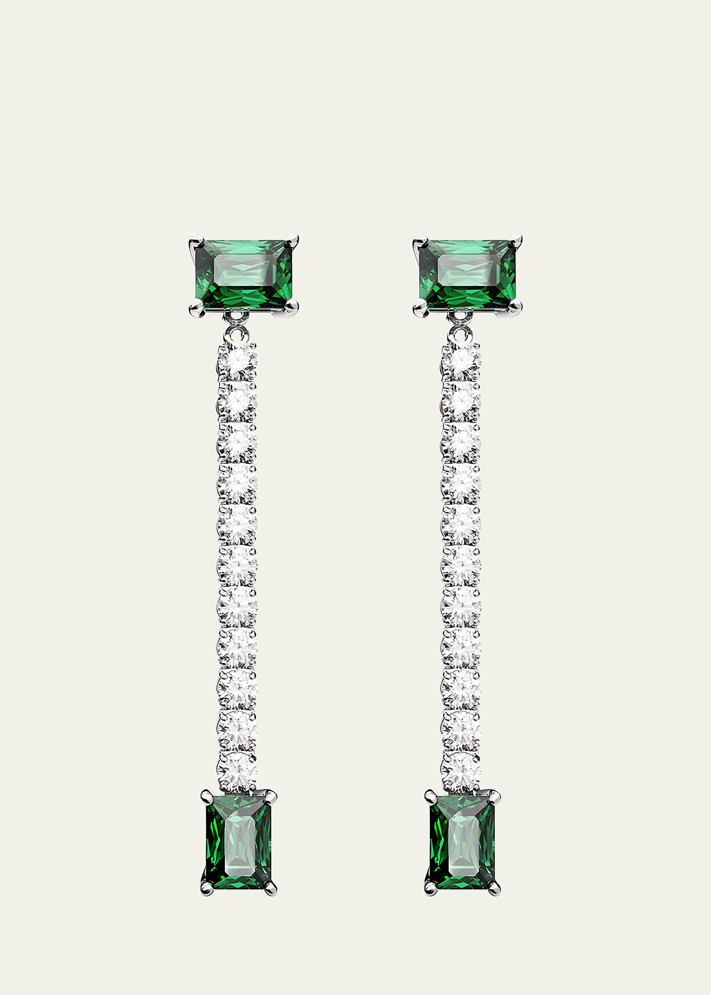 Swarovski Matrix Pave & Green Rectangle Crystal Linear Drop Earrings In Rhodium Plated In Green