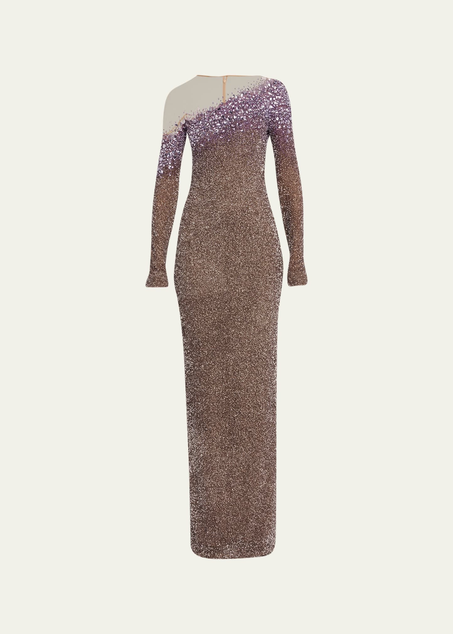 Pamella Roland Embellished Illusion Column Gown With Oversized Crystals In Mink Lilac