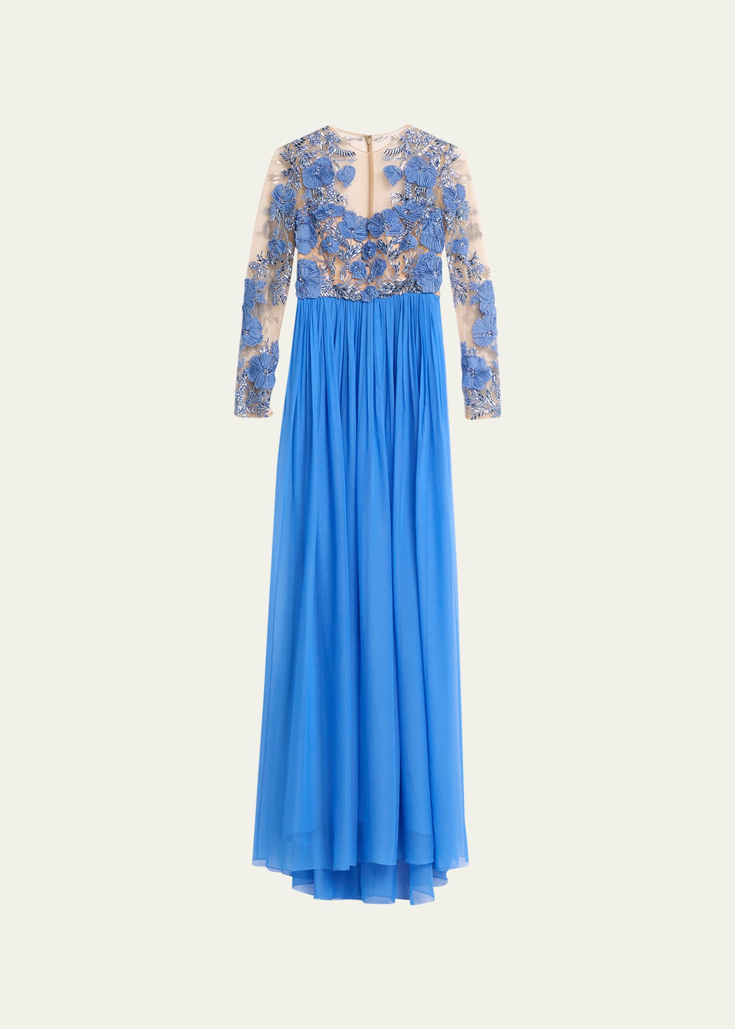 Shop Pamella Roland Pleated Chiffon Gown With Embroidered Tulle Bodice In Periwinkle