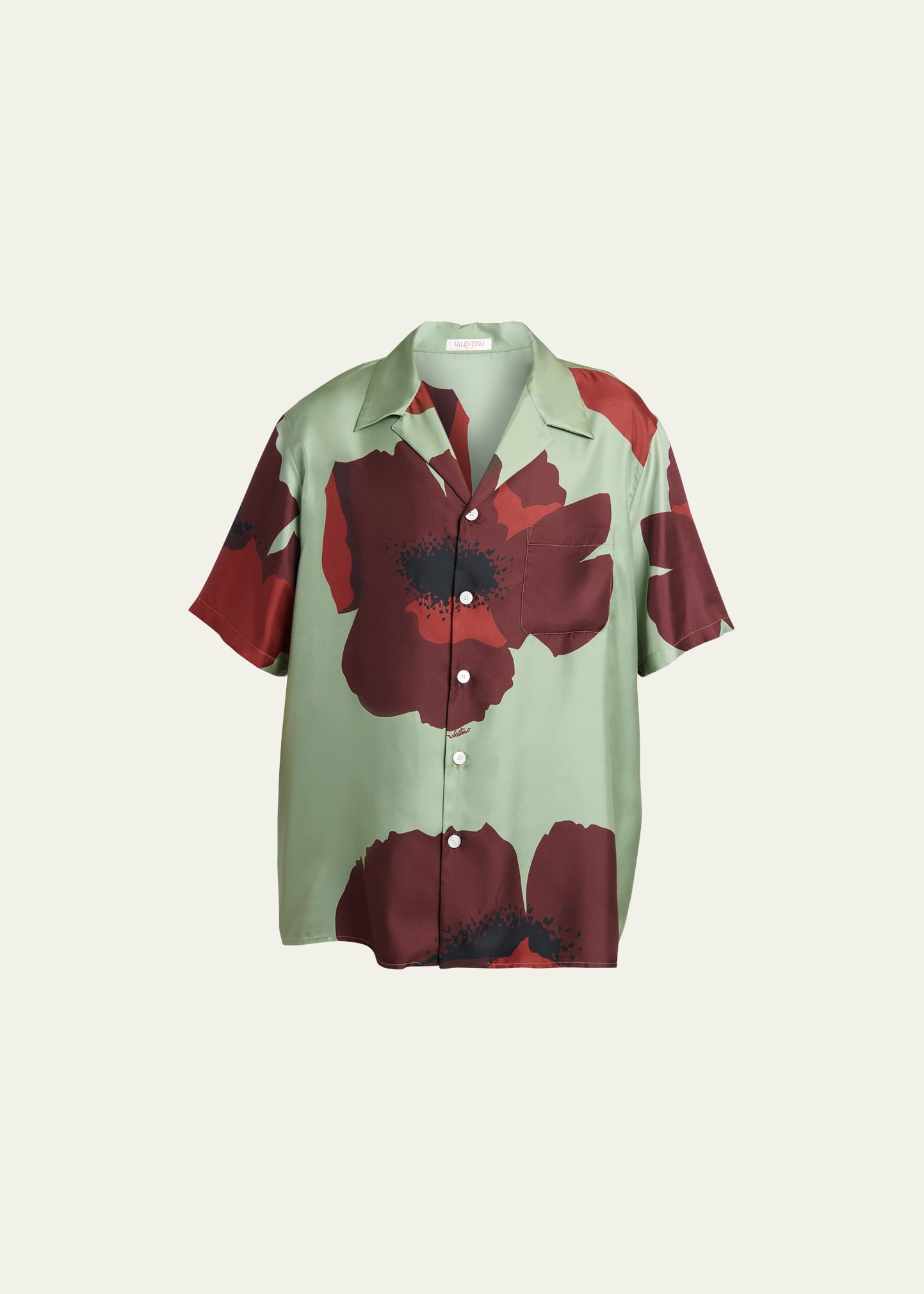 Valentino Flower Portrait-print Bowling Shirt In Mint/red/rubin