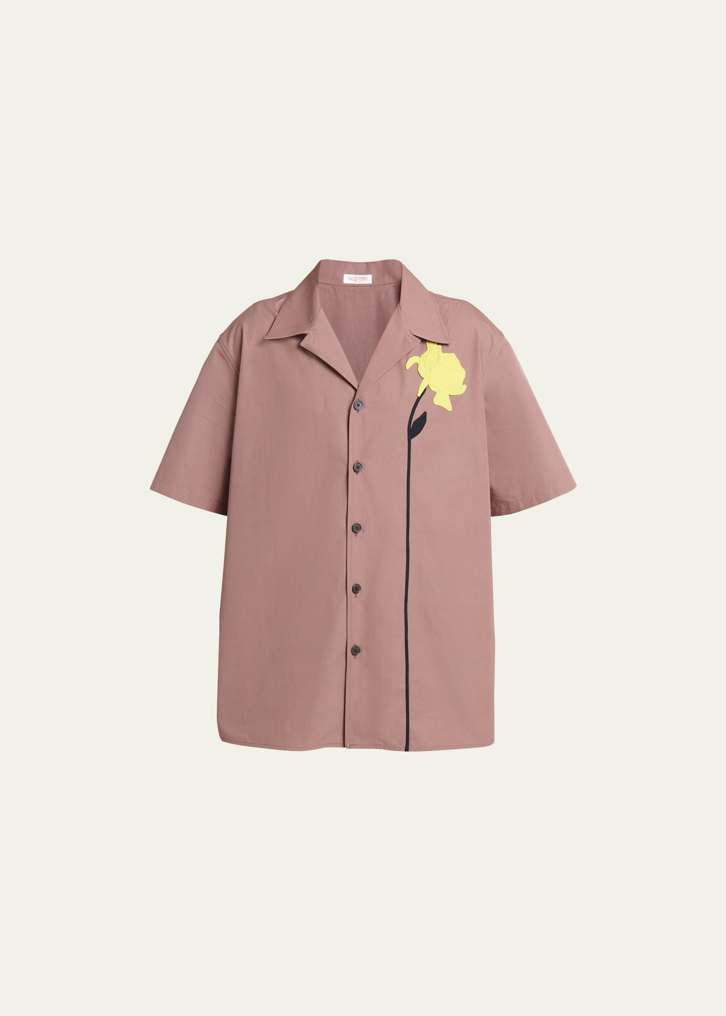 Valentino Men's Poplin Flower Embroidery Camp Shirt In Mauve