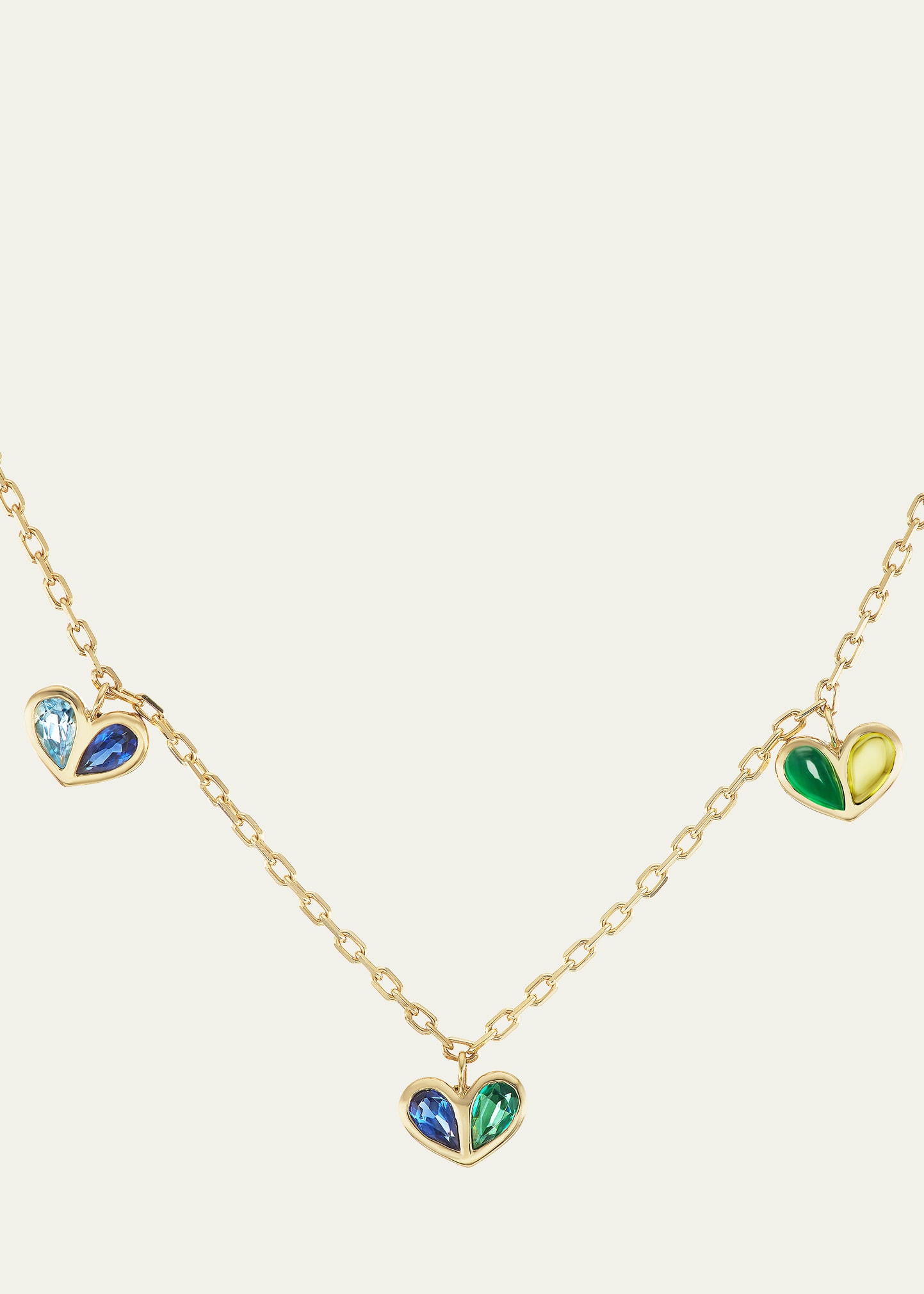Yellow Gold Sweetheart Necklace with Aquamarine, Blue Sapphire, Emerald and Peridot