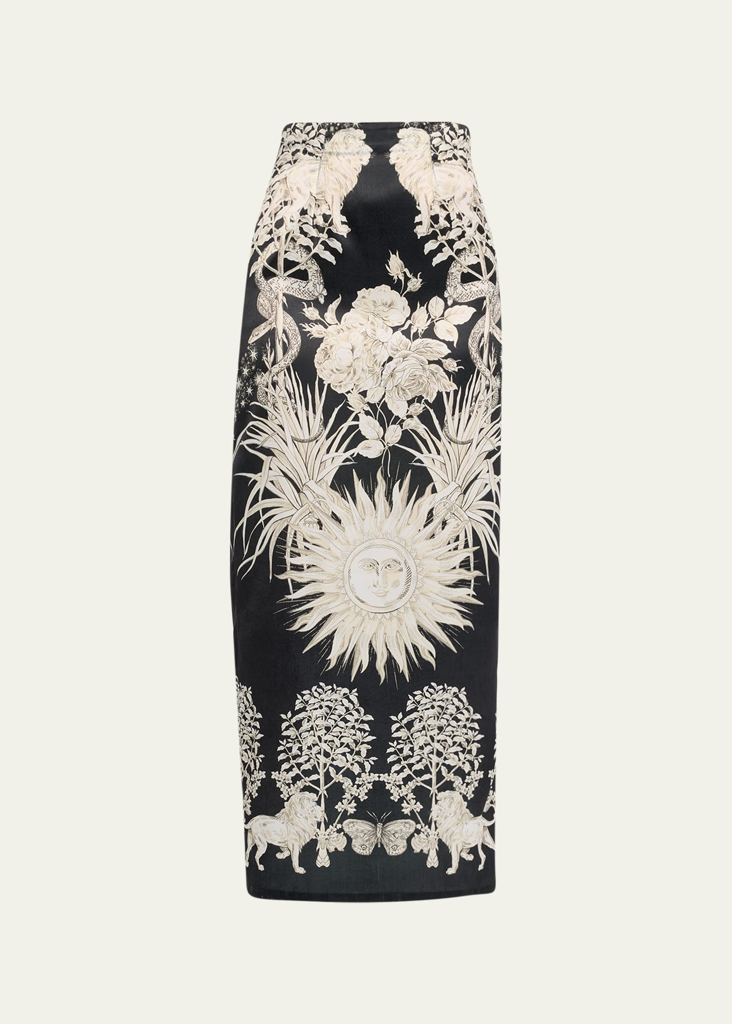 Lela Rose Floral-print Satin Pencil Skirt In Black