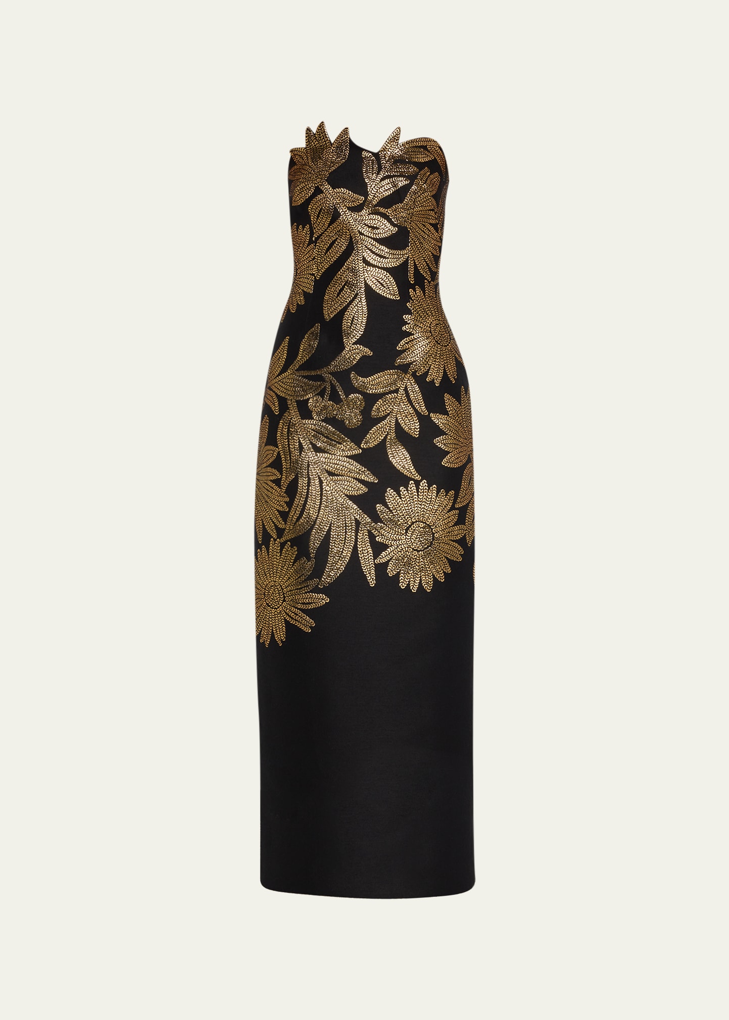 Floral-Embroidered Strapless Column Dress