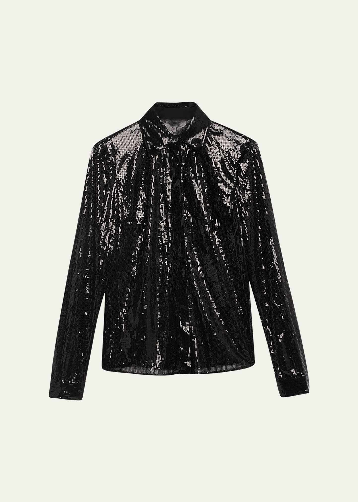 Michael Kors Hansen Sequin Sheer Collared Shirt In Black