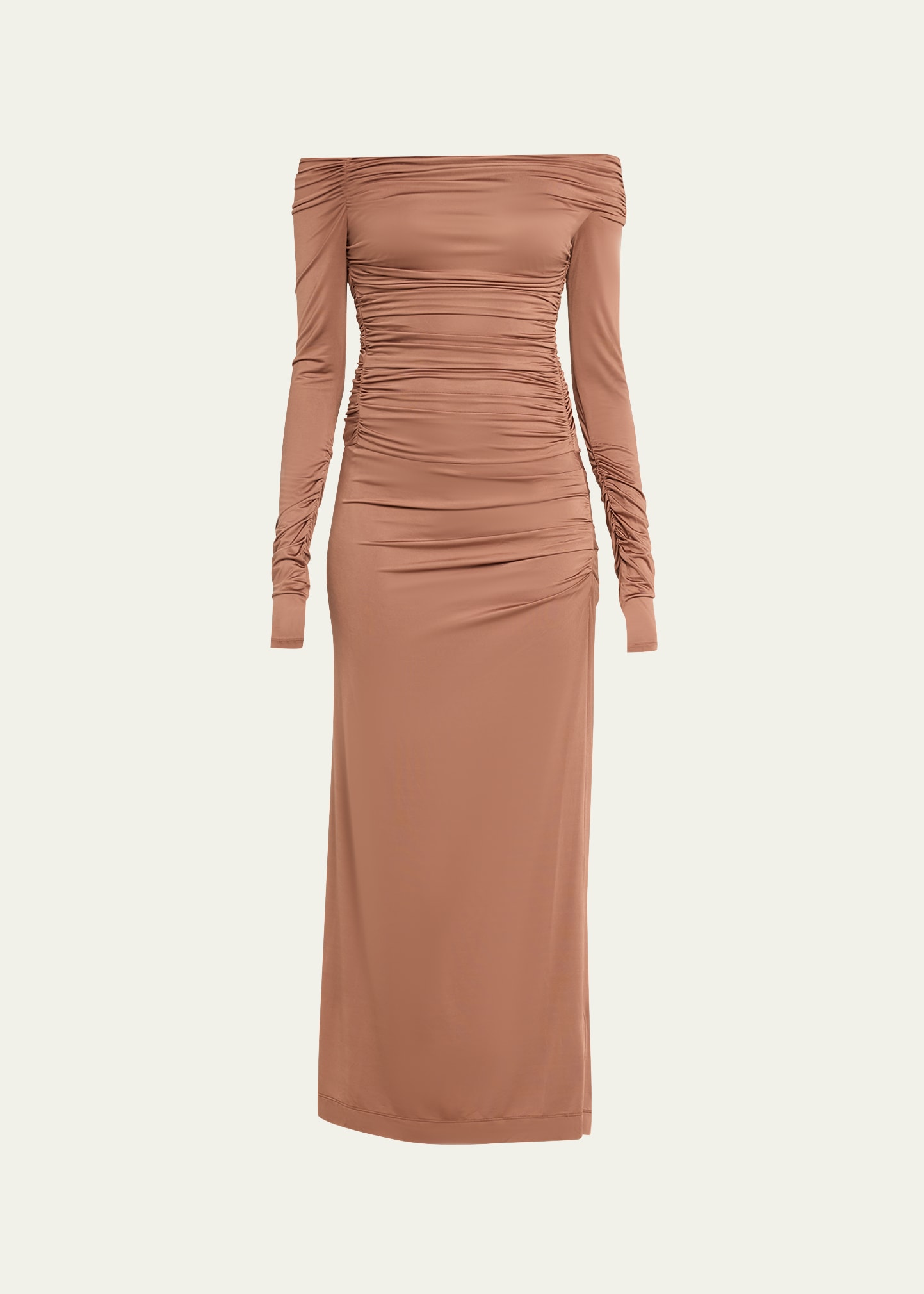 Shop Helmut Lang Ruched Long-sleeve Jersey Maxi Dress In Rust