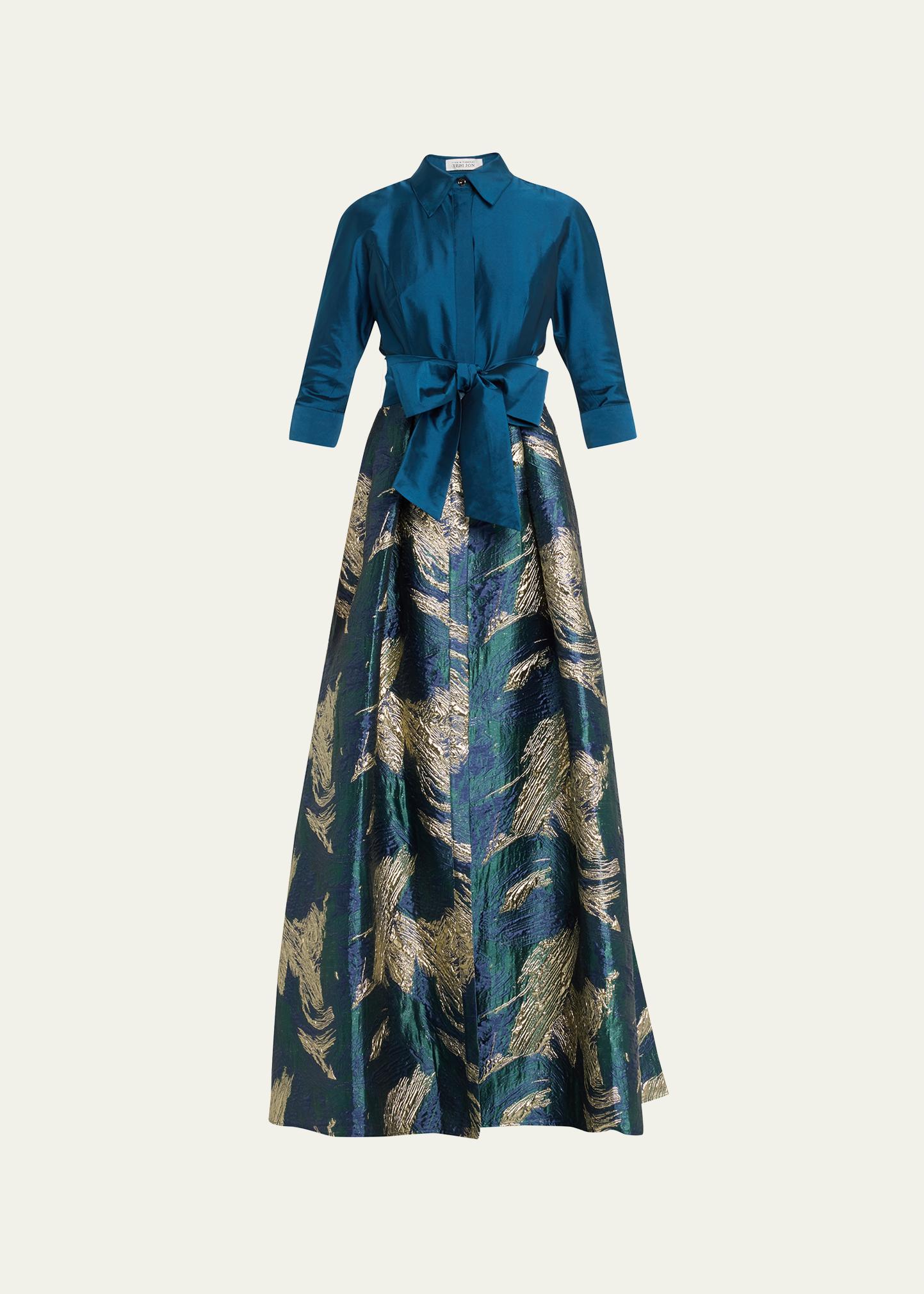 Rickie Freeman For Teri Jon A-line Metallic Jacquard & Taffeta Shirt Gown In Peacock Go