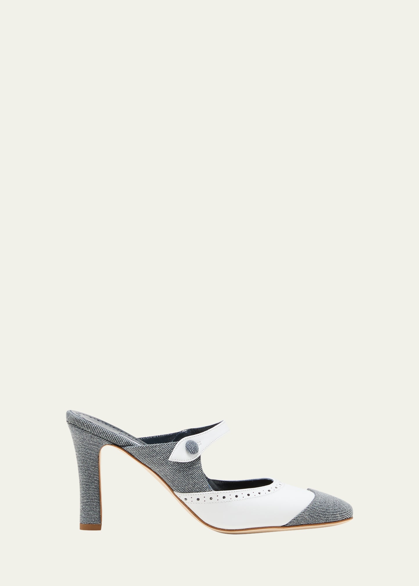 Manolo Blahnik Agathanu Denim Perforated Leather Mule Pumps In Yoth993pwhit1014
