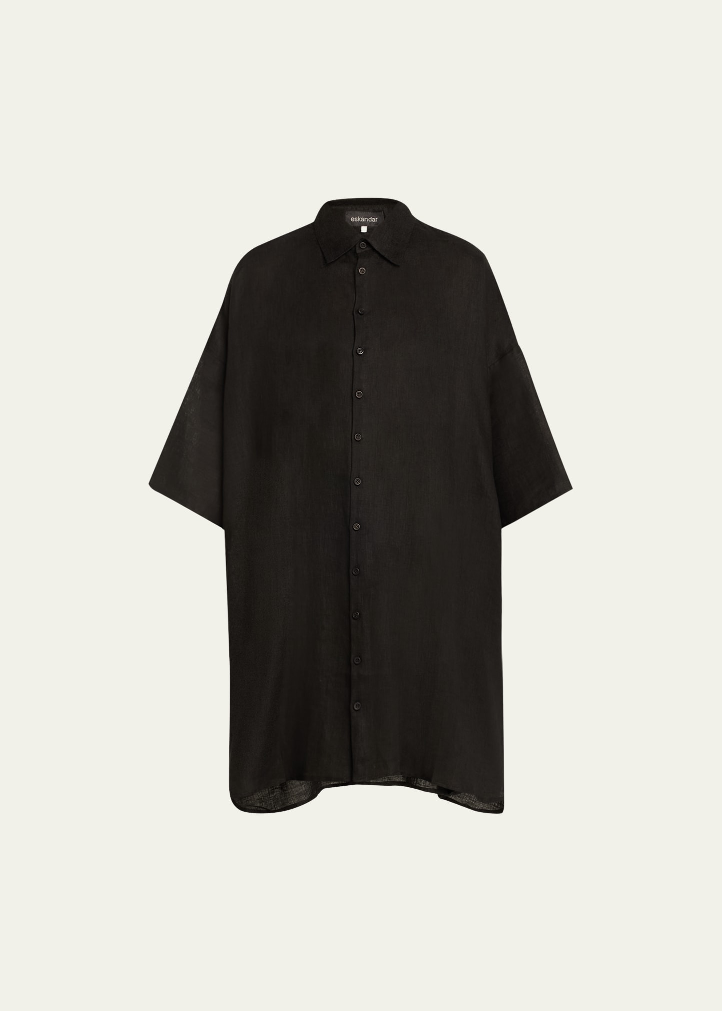 Shop Eskandar Sloped-shoulder Wide A-line Short-sleeve Shirt With Collar (very Long) In Black