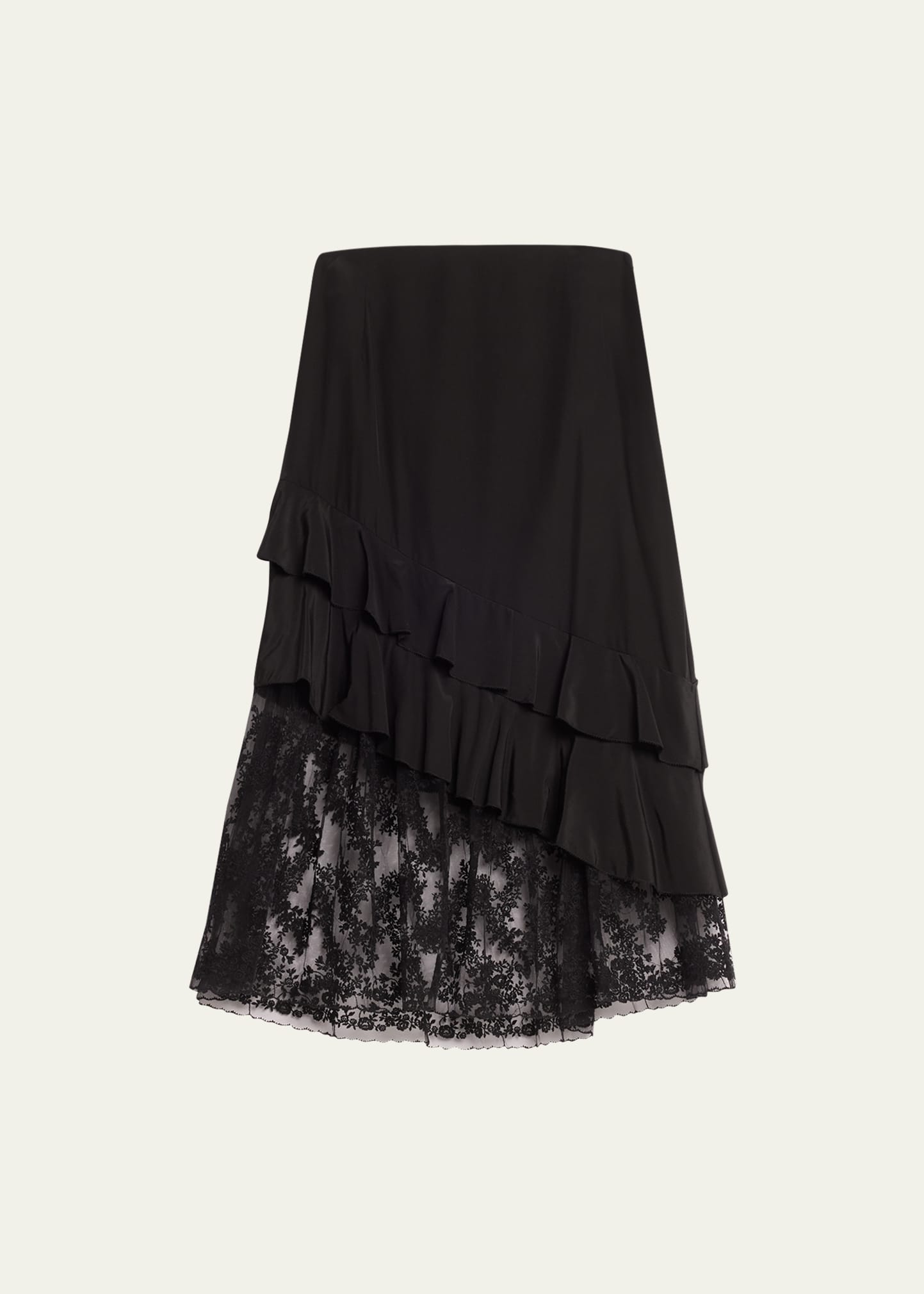 Embroidered Lace-Hem Ruffle Midi Skirt