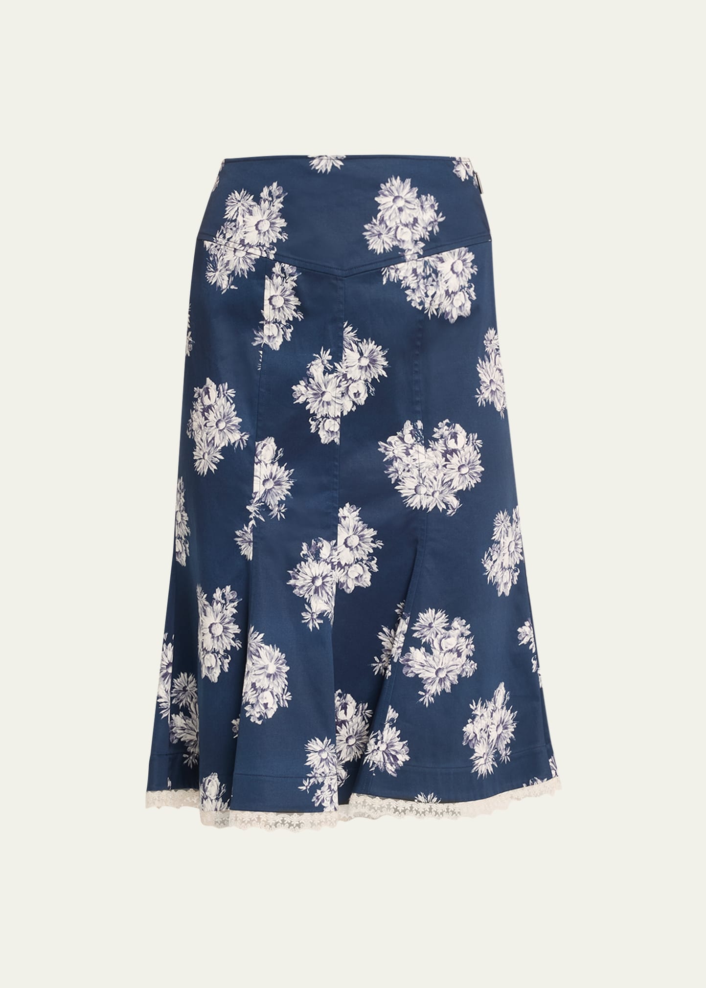 Flared Floral-Print Lace-Trim Midi Skirt