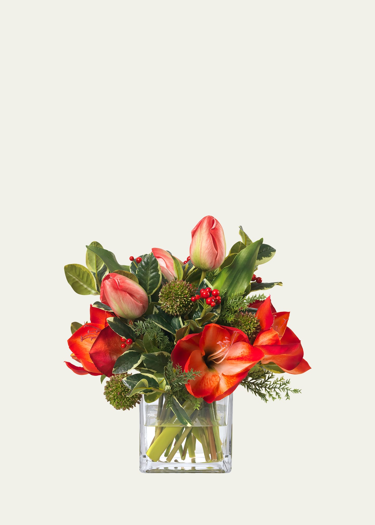 Diane James Red Amaryllis And Holly Bouquet 14" Faux Floral Arrangement In Square Glass Vase