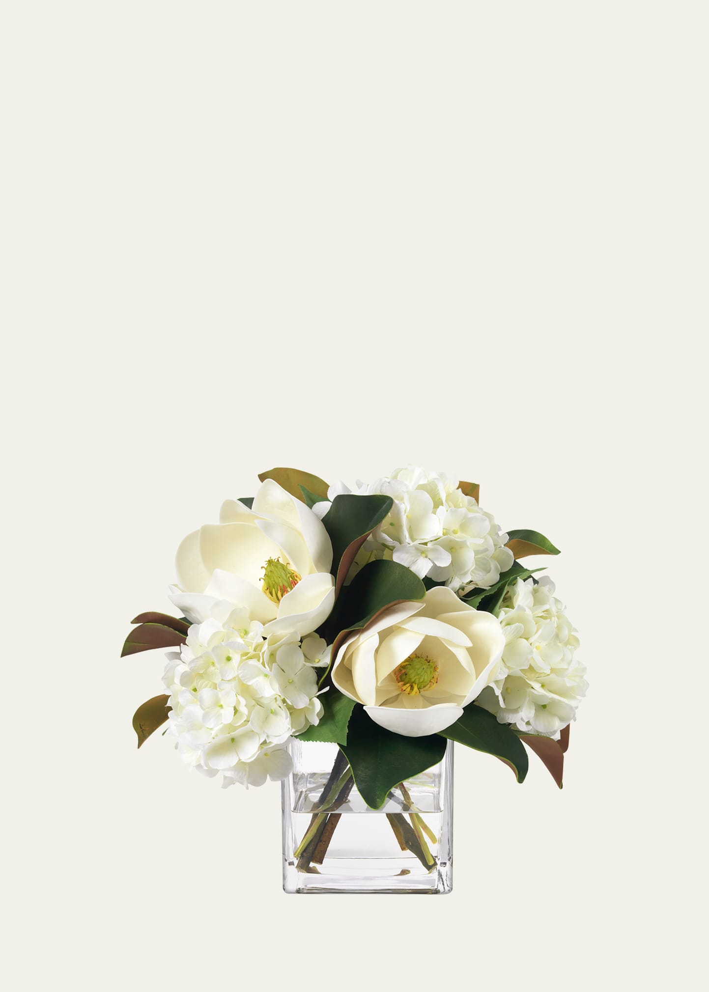Diane James Magnolia And Hydrangea 12" Faux Floral Arrangement In Square Glass Vase