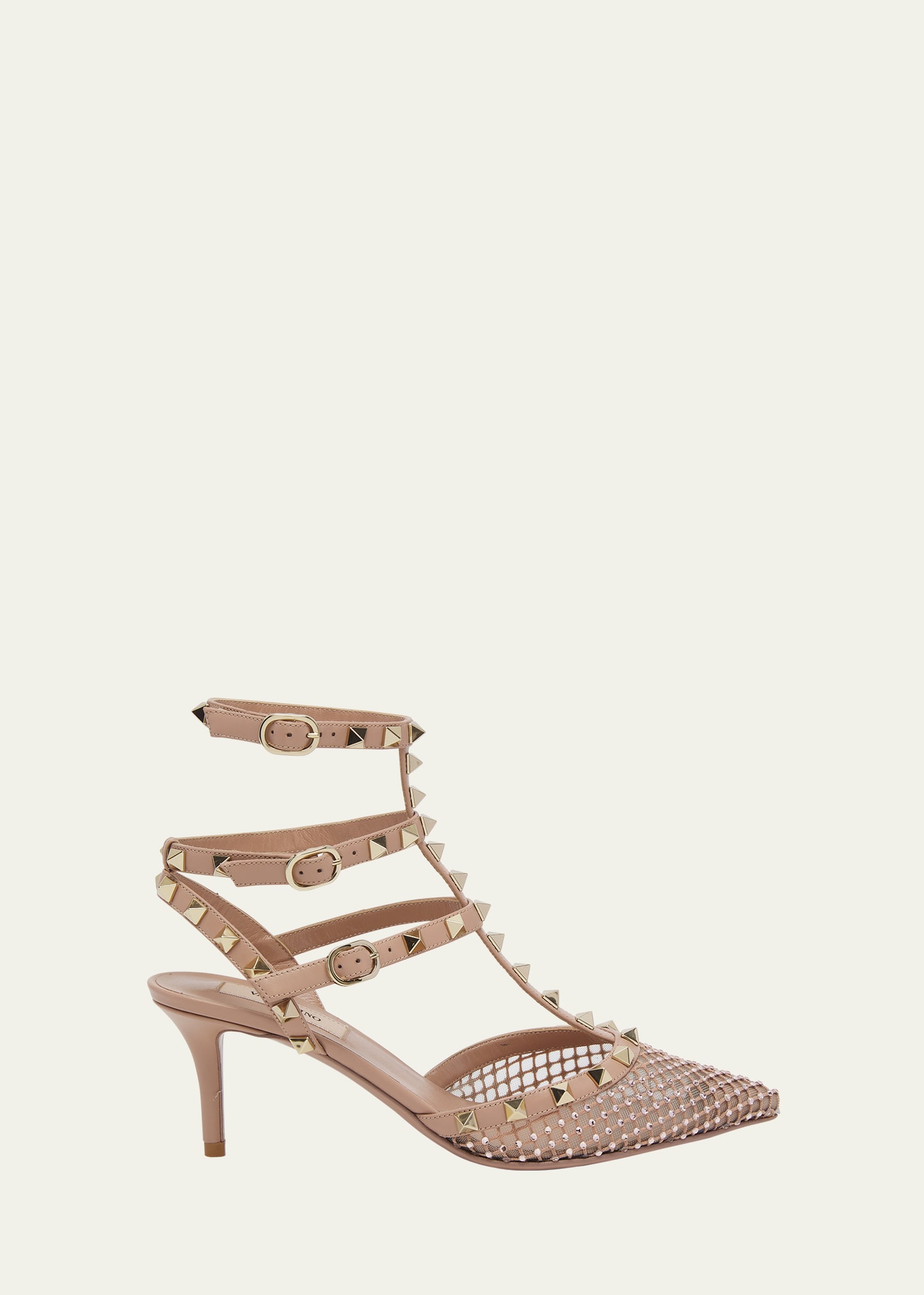 Shop Valentino Rockstud Crystal Net Ankle-strap Trio Pumps In Mzq Silk Rose Can