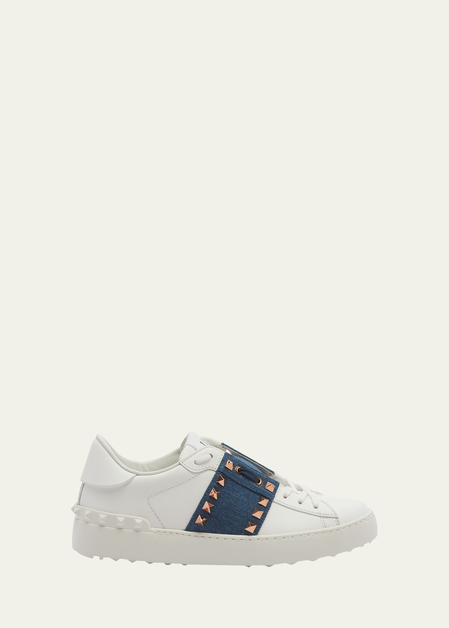 Shop Valentino Rockstud Leather Denim Low-top Sneakers In 75h Bianco Light