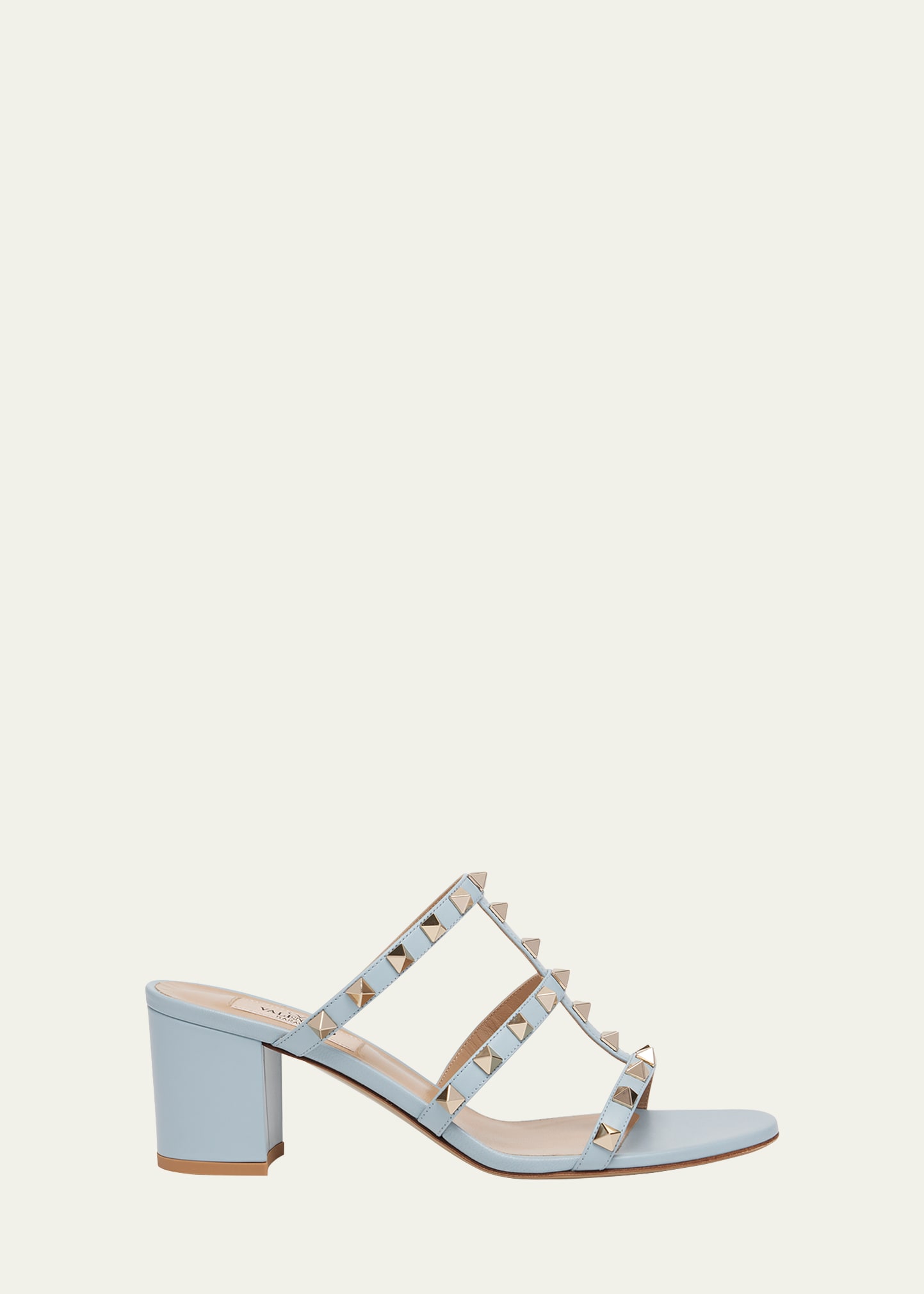 Shop Valentino Rockstud Caged Block-heel Slide Sandals In Riverside Blue