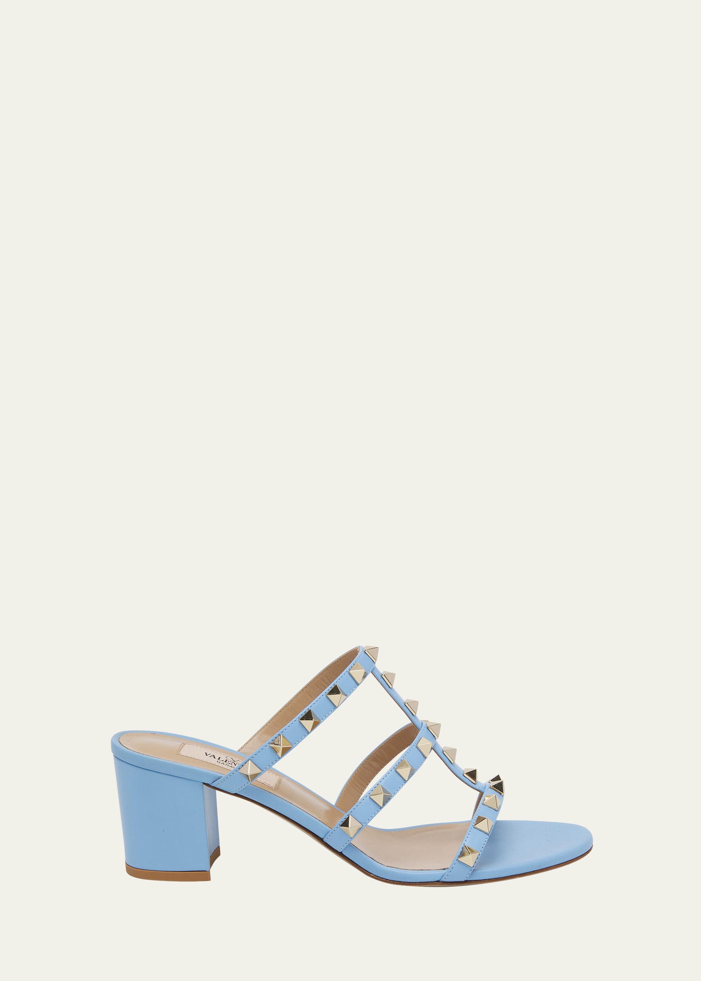 Shop Valentino Rockstud Caged Block-heel Slide Sandals In Popeline Blue
