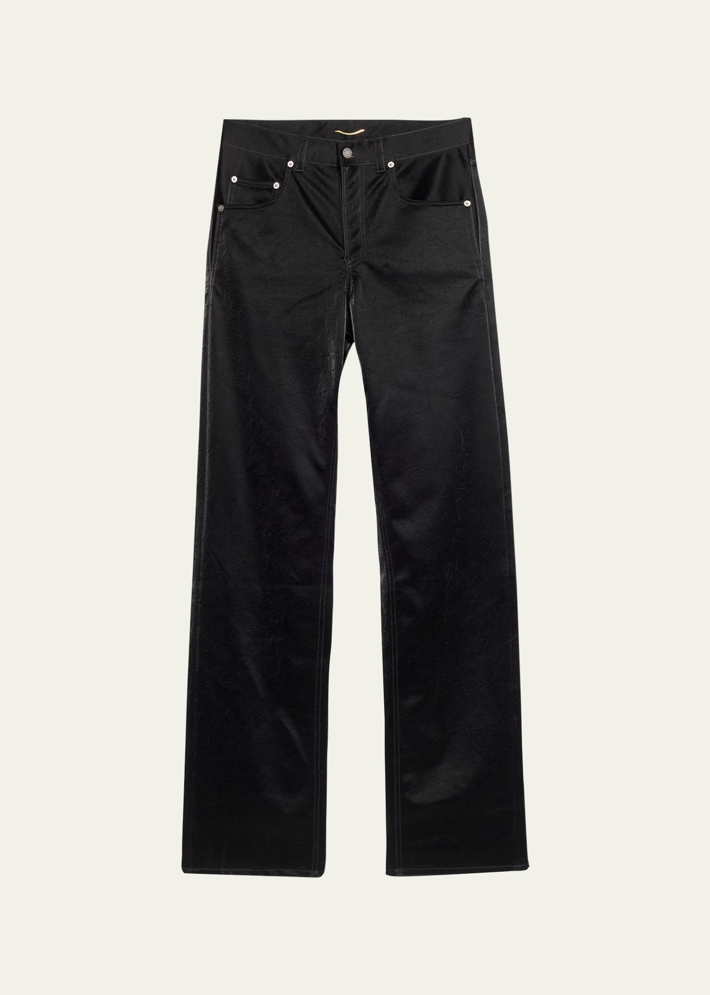 Saint Laurent Leather Coated Long Denim Pants In Black Blac
