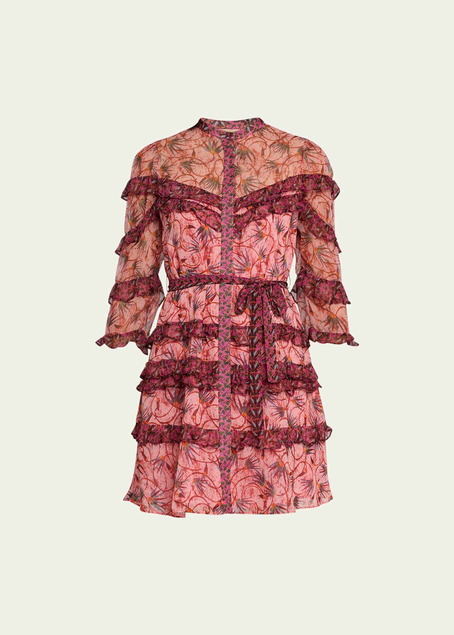 Shop Saloni Tasha Tiered Ruffle Silk Button-front Mini Dress In Padma Hibiscus