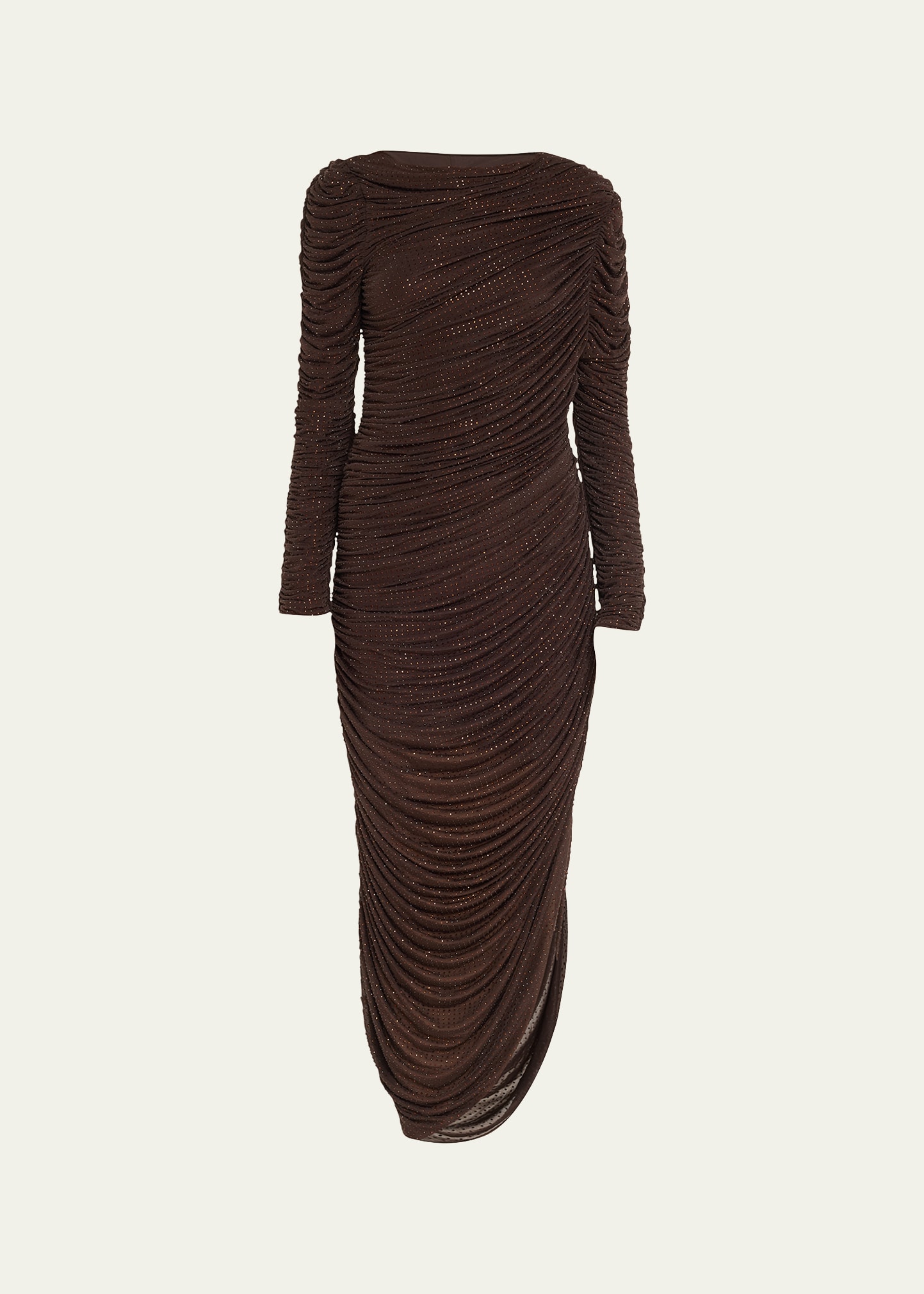 Simkhai Sanders Ruched Side-slit Rhinestone Maxi Dress In Chocolate