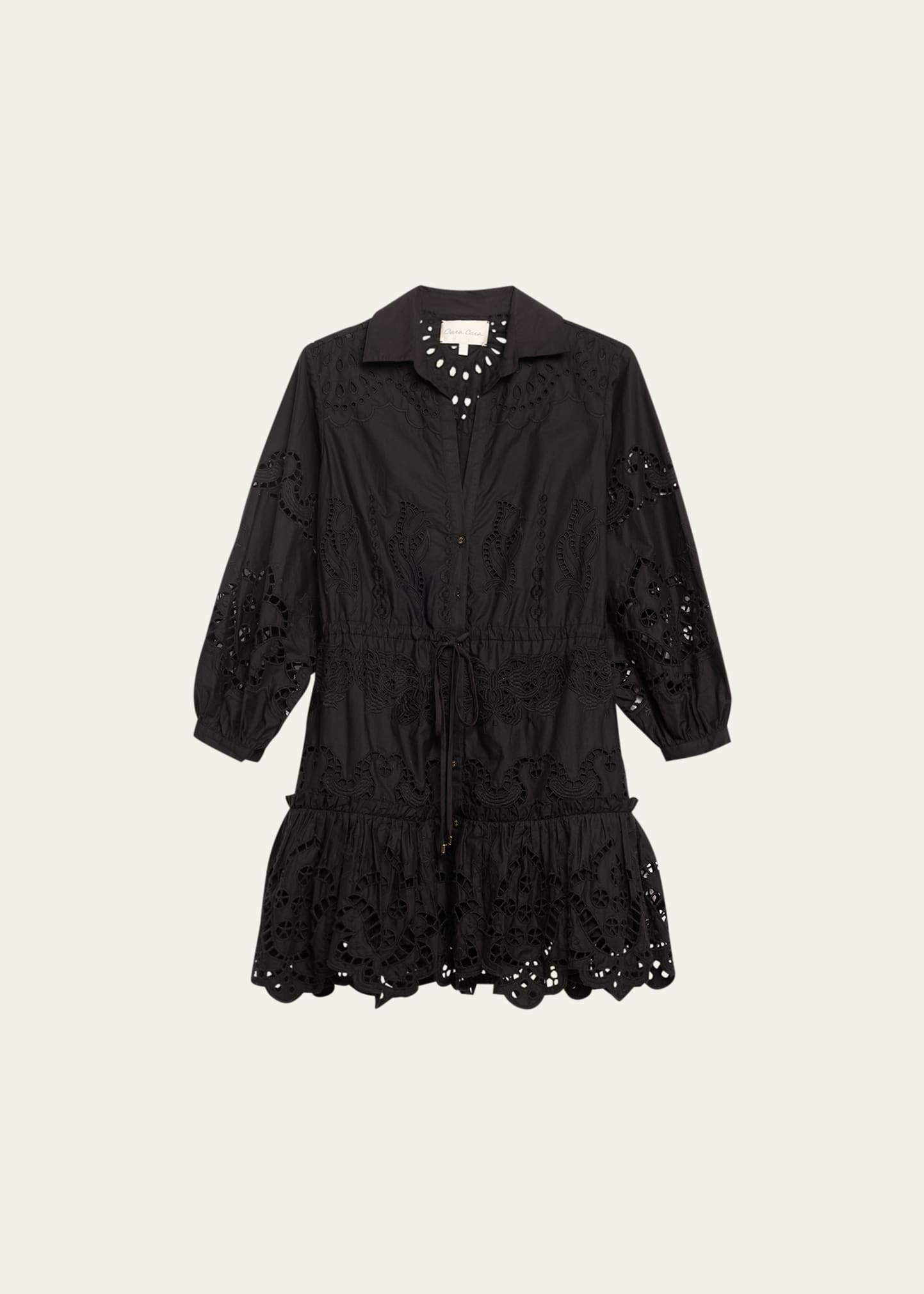 Cara Cara Robin Embroidered Cutwork Cotton Poplin Mini Dress In Black Embroidered