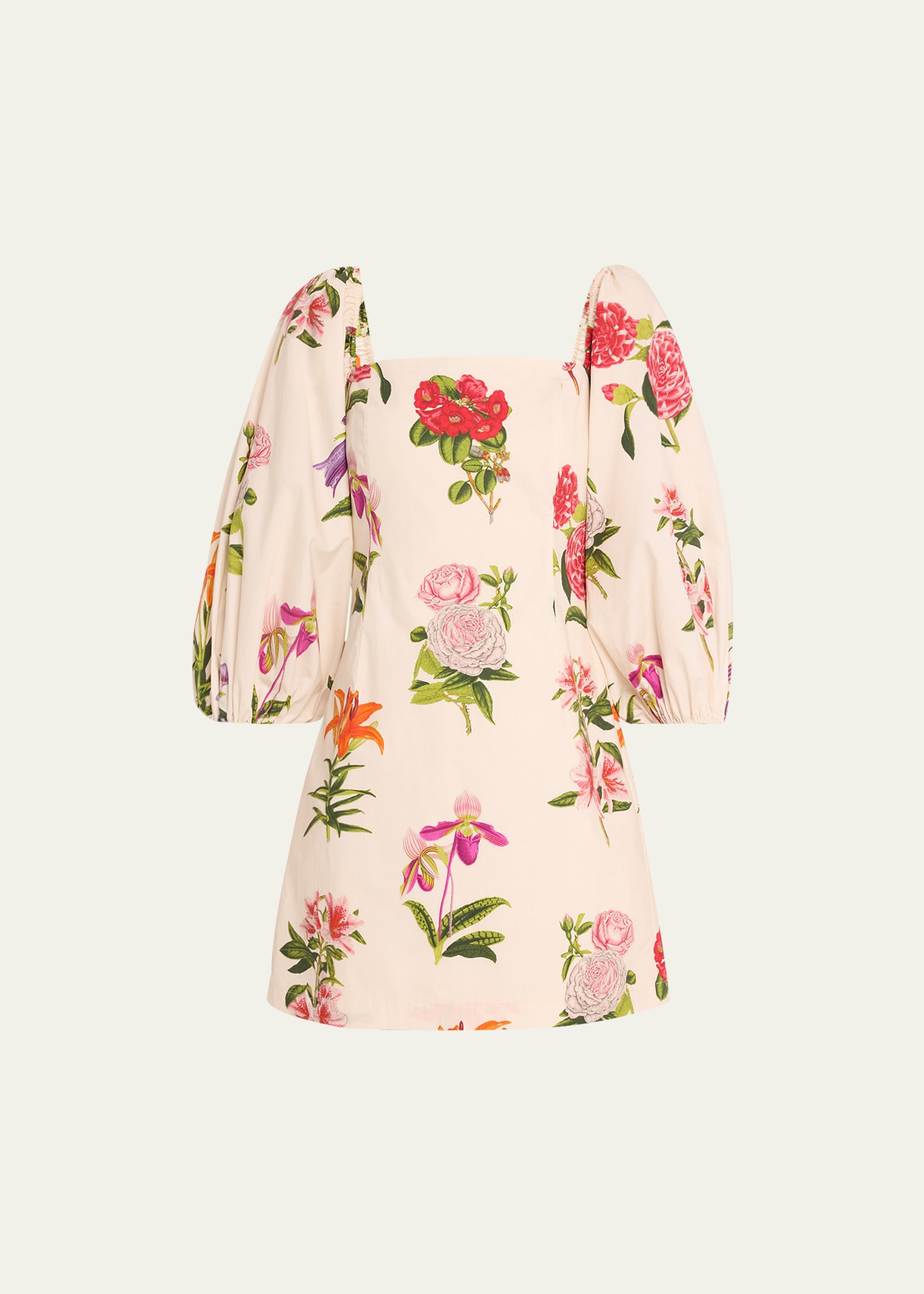 Shop Cara Cara Montauk Puff-sleeve Cotton Poplin Mini Dress In Egret Camellia Fl