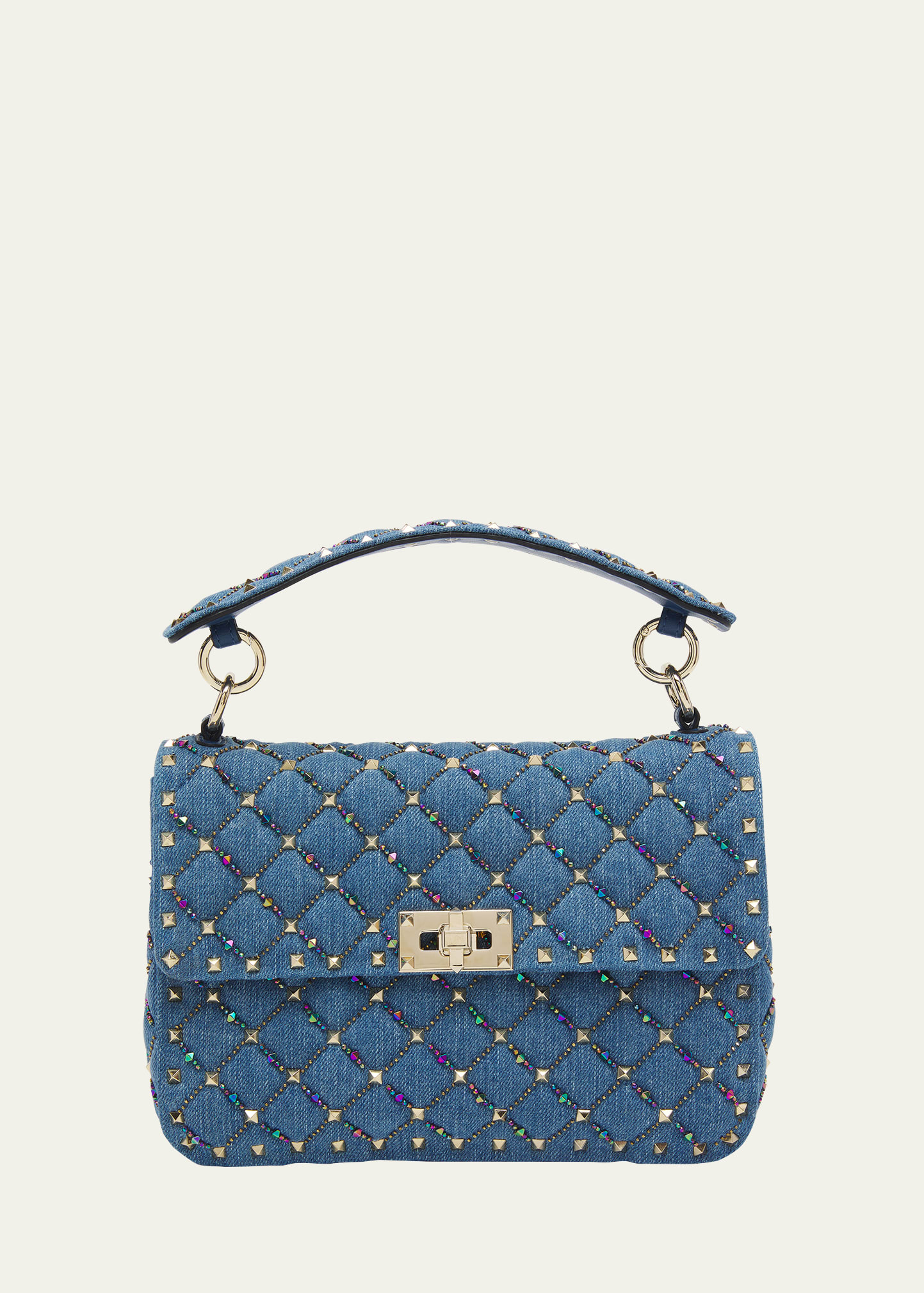 Shop Valentino Medium Rockstud Spike Denim Shoulder Bag In Denim Multicolor