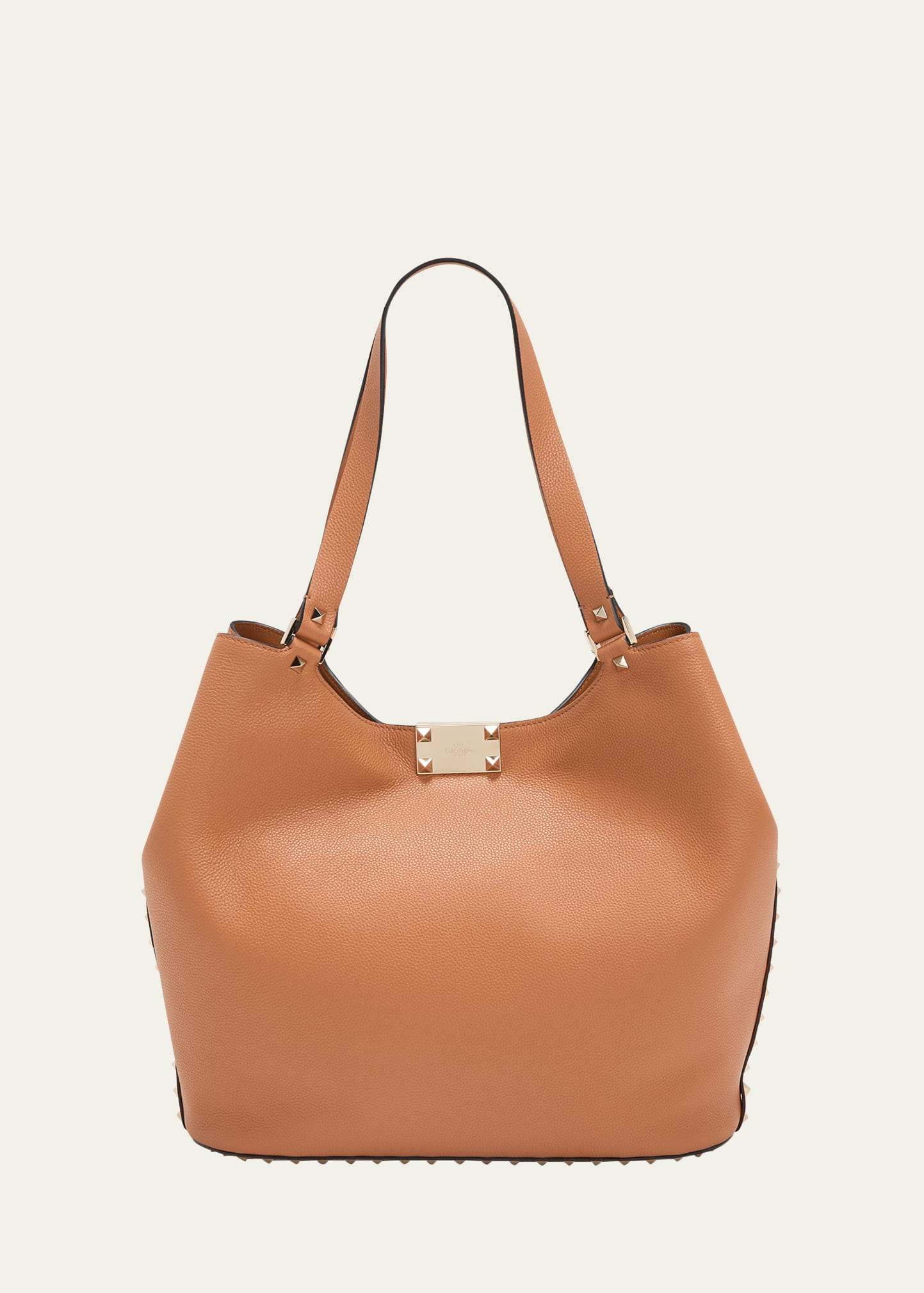 Shop Valentino Small Rockstud Leather Tote Bag In Kel Almond Beige