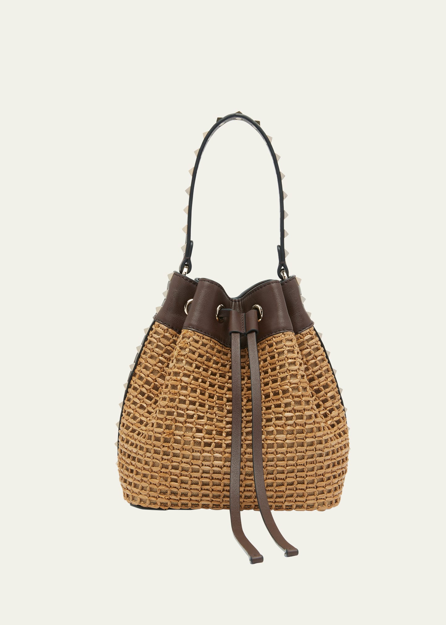 Shop Valentino Rockstud Woven Leather Bucket Bag In Y5t Tabacco Cacao