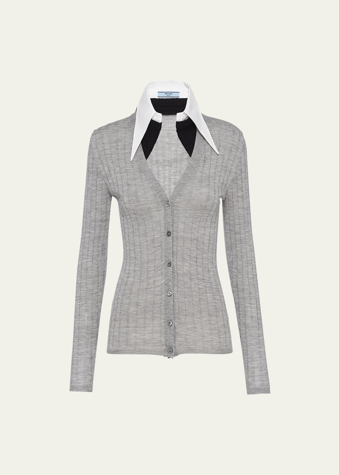 Prada Pointed-collar Ribbed-knit Cardigan In F0k44 Marmo