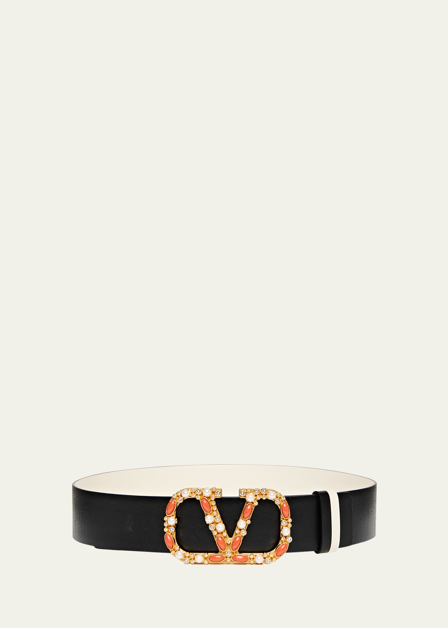 Valentino Garavani Embellished V-logo Reversible Leather Belt In Y4t Ivory Nero Co